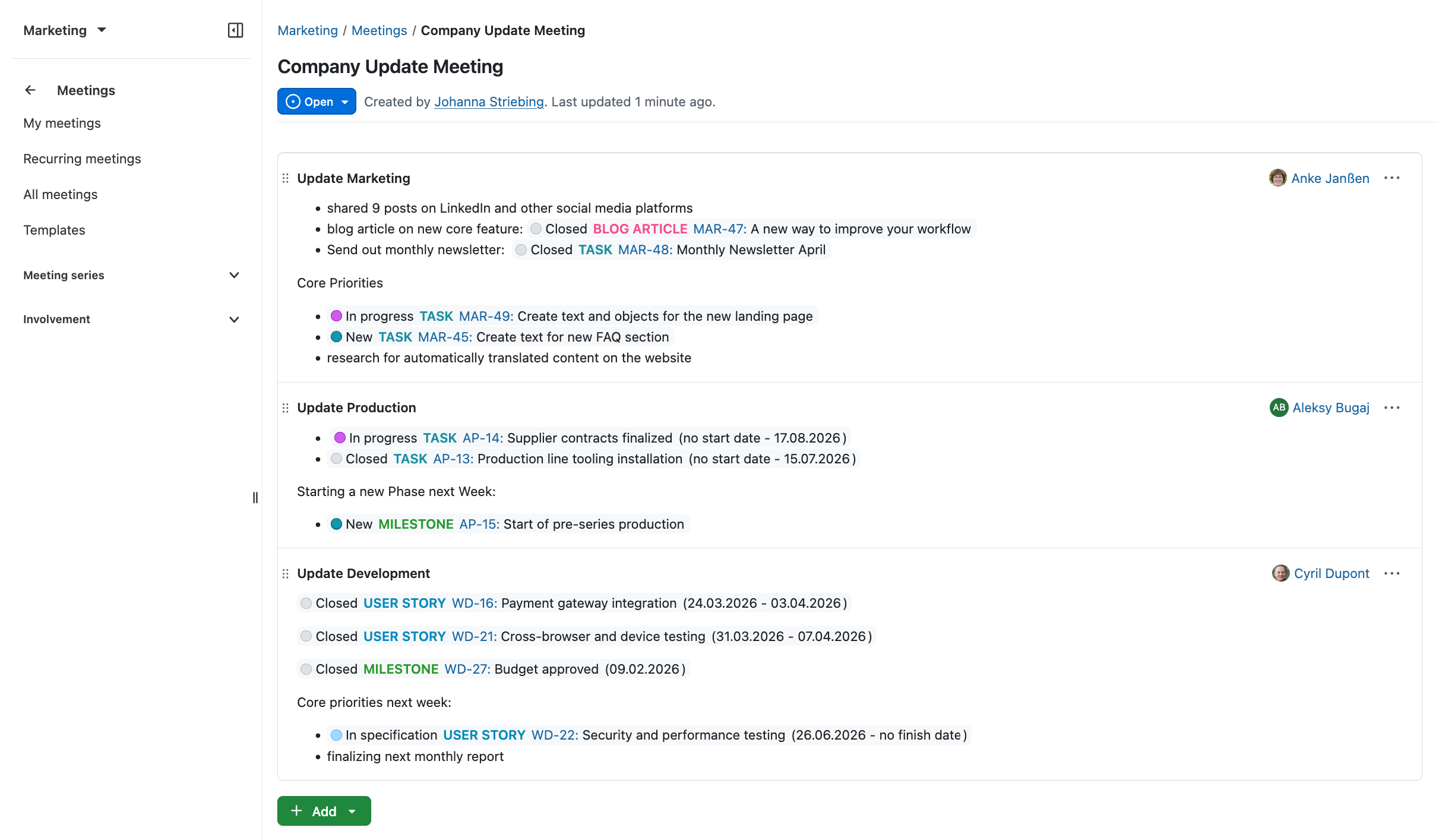 Screenshot mit der Agenda des wöchentlichen Update-Meetings. Die Tagesordnungspunkte enthalten Text, darunter Verlinkungen von Arbeitspaketen.