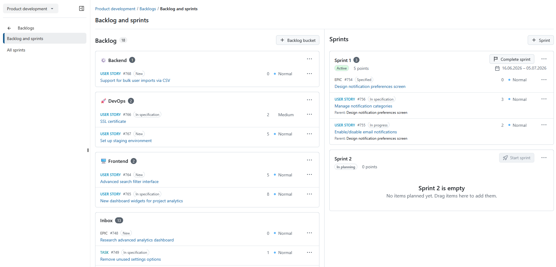 An example of Backlog buckets for team spaces