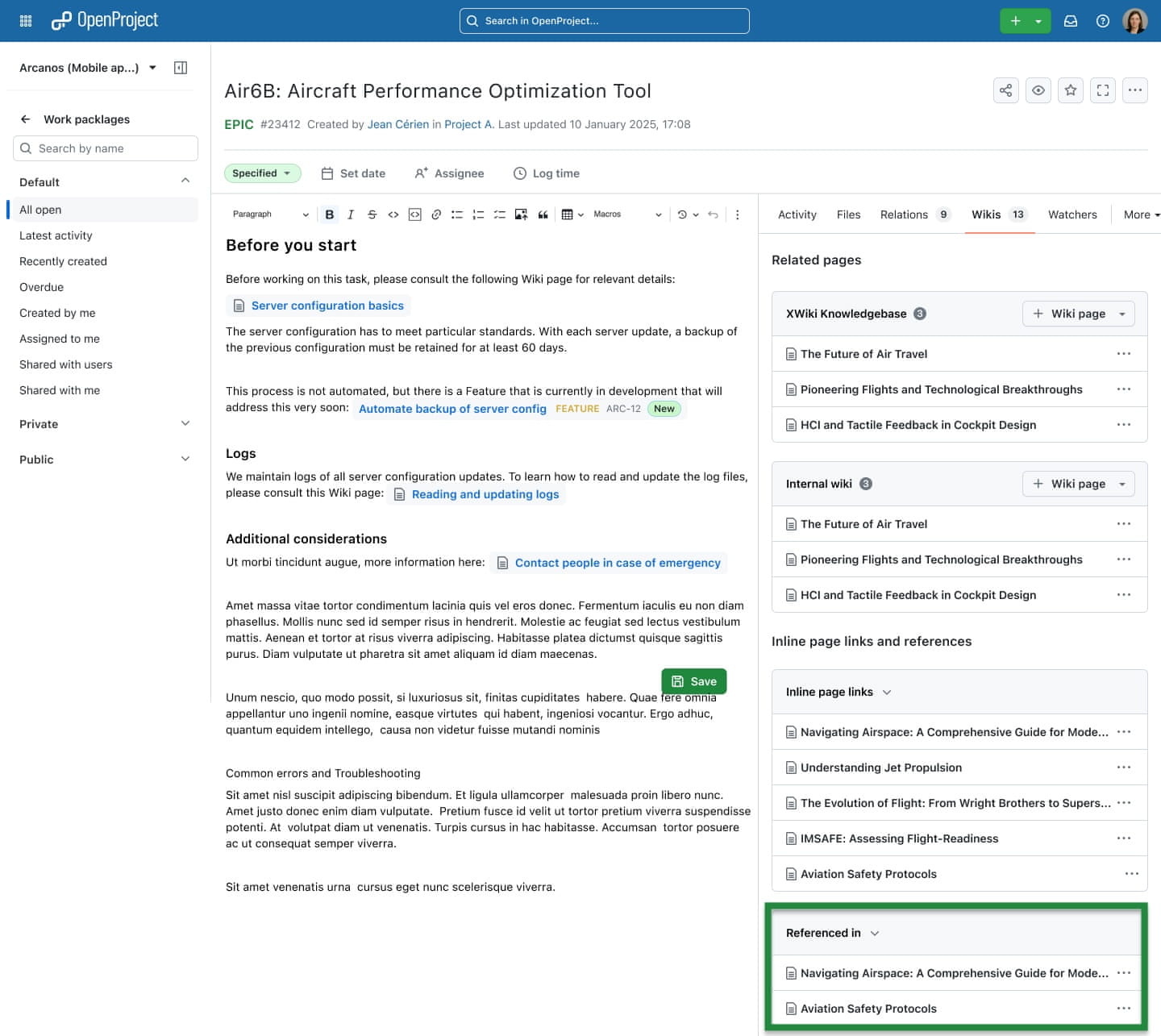 OpenProject XWiki integration (PREVIEW): Work package with highlighted ‘Referenced in’ section