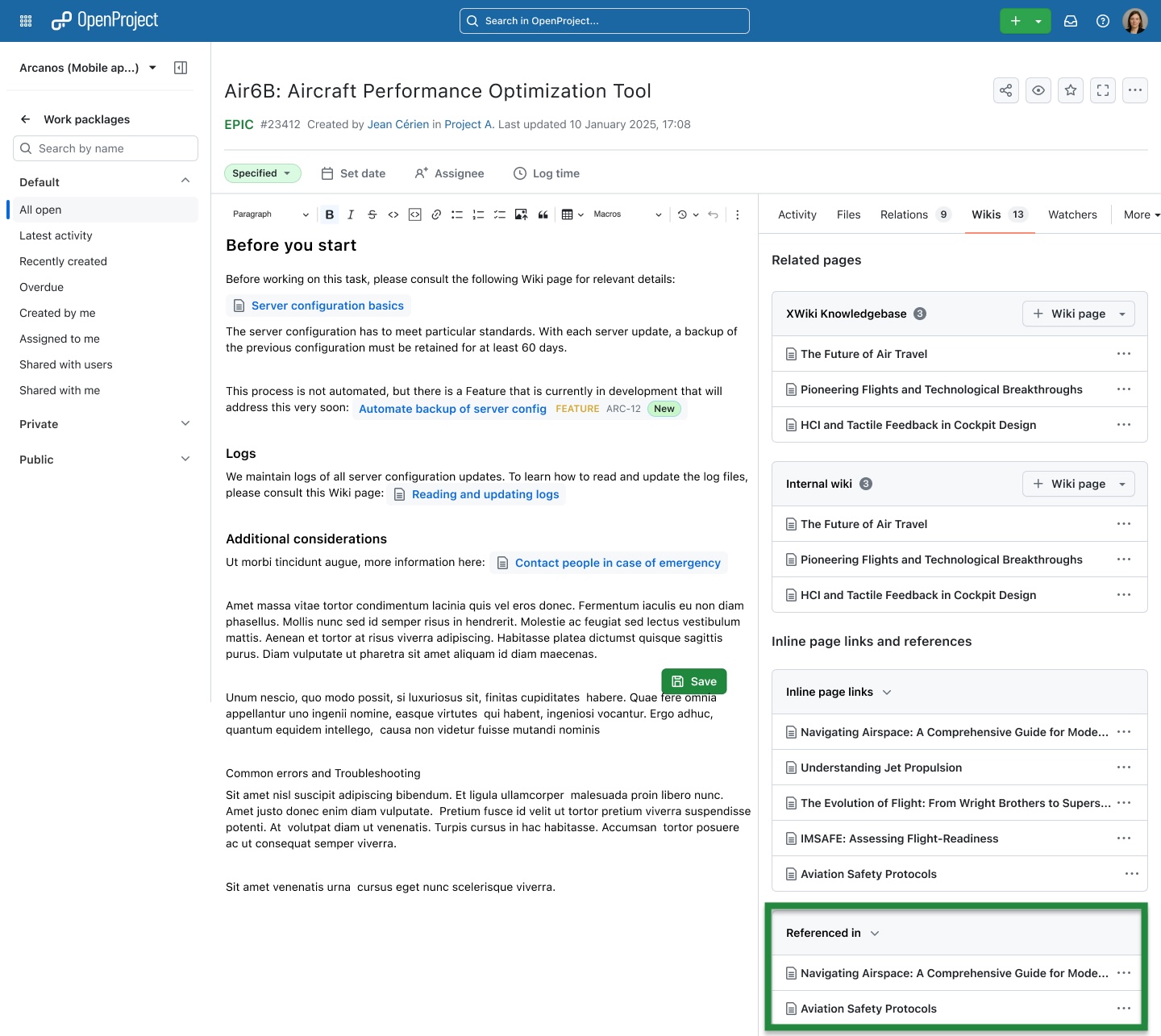 OpenProject XWiki integration (PREVIEW): Work package with highlighted ‘Referenced in’ section