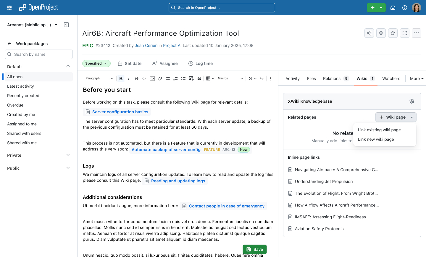 OpenProject XWiki integration (PREVIEW): Add wikis from XWiki to the new “Wiki” work package tab