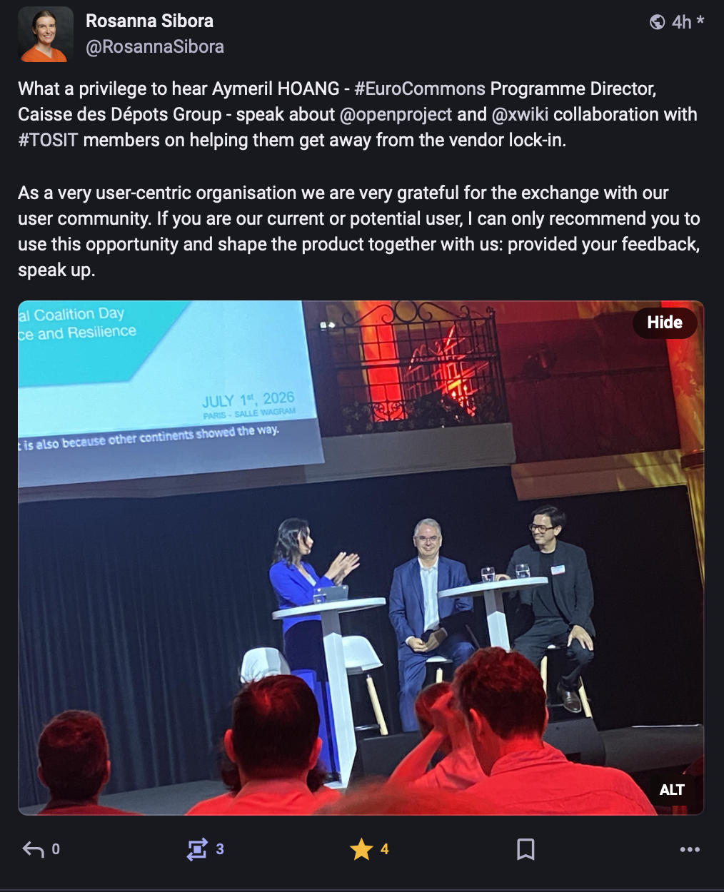 Message publié par Rosanna Sibora sur Mastodon au sujet de la Journée de la Coalition EuroCommons et de la collaboration entre OpenProject et XWiki avec les membres de TOSIT