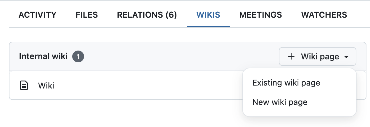 Work package tab ‘Wikis’ with option to link an existing wiki page or create a new wiki page