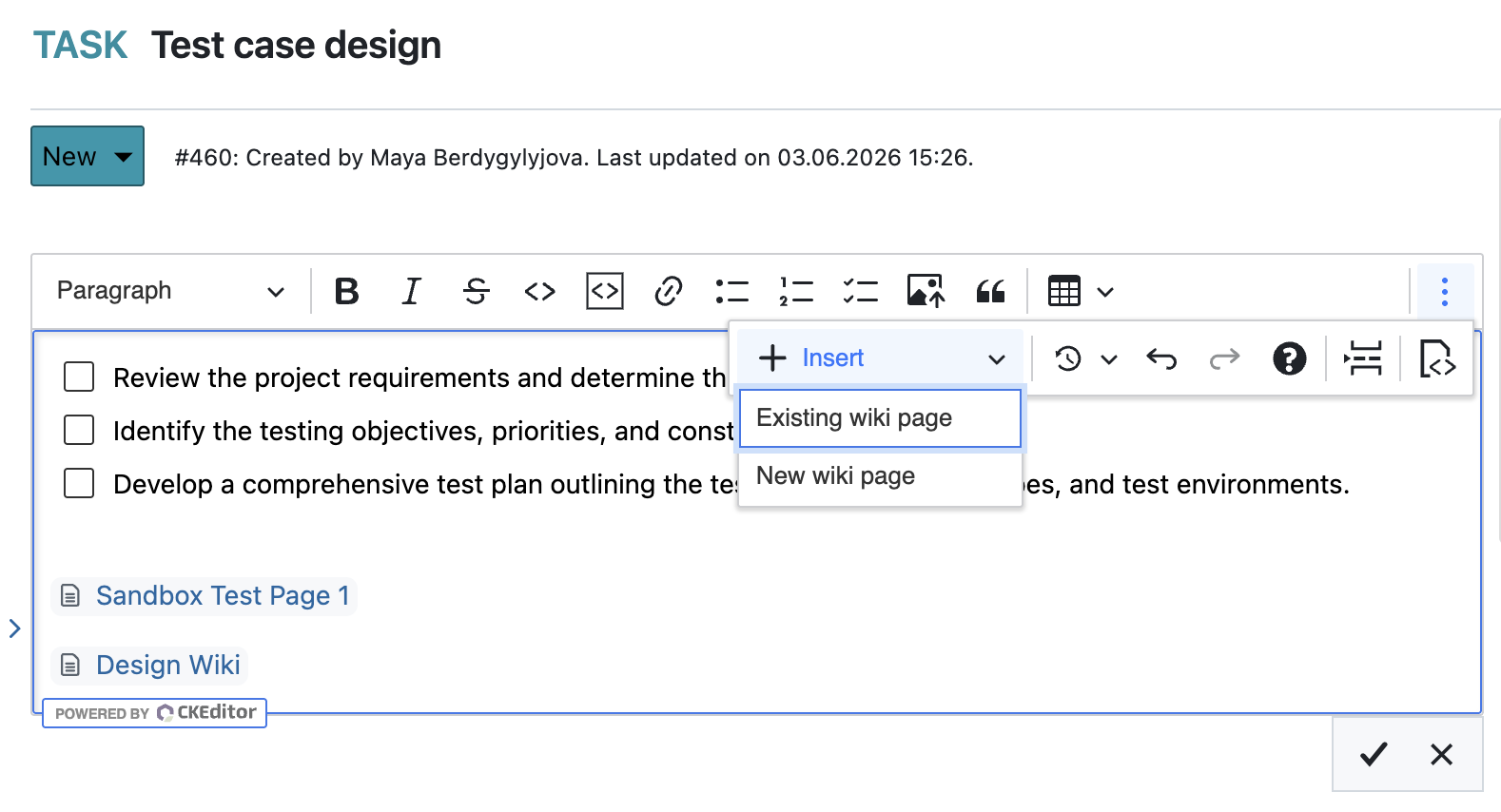 OpenProject XWiki integration: Work package description showing click on More (three dots) menu, Insert existing wiki page or insert new wiki page