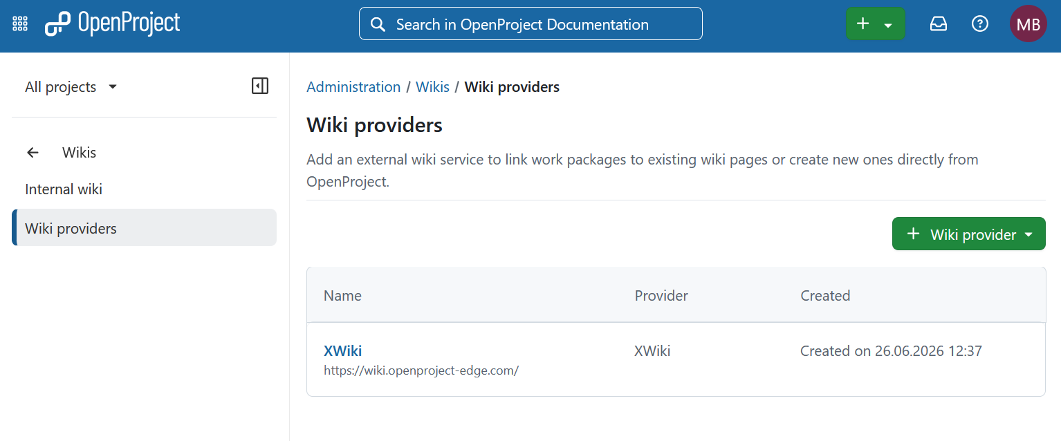 OpenProject XWiki integration: Wiki providers overview with listed XWiki