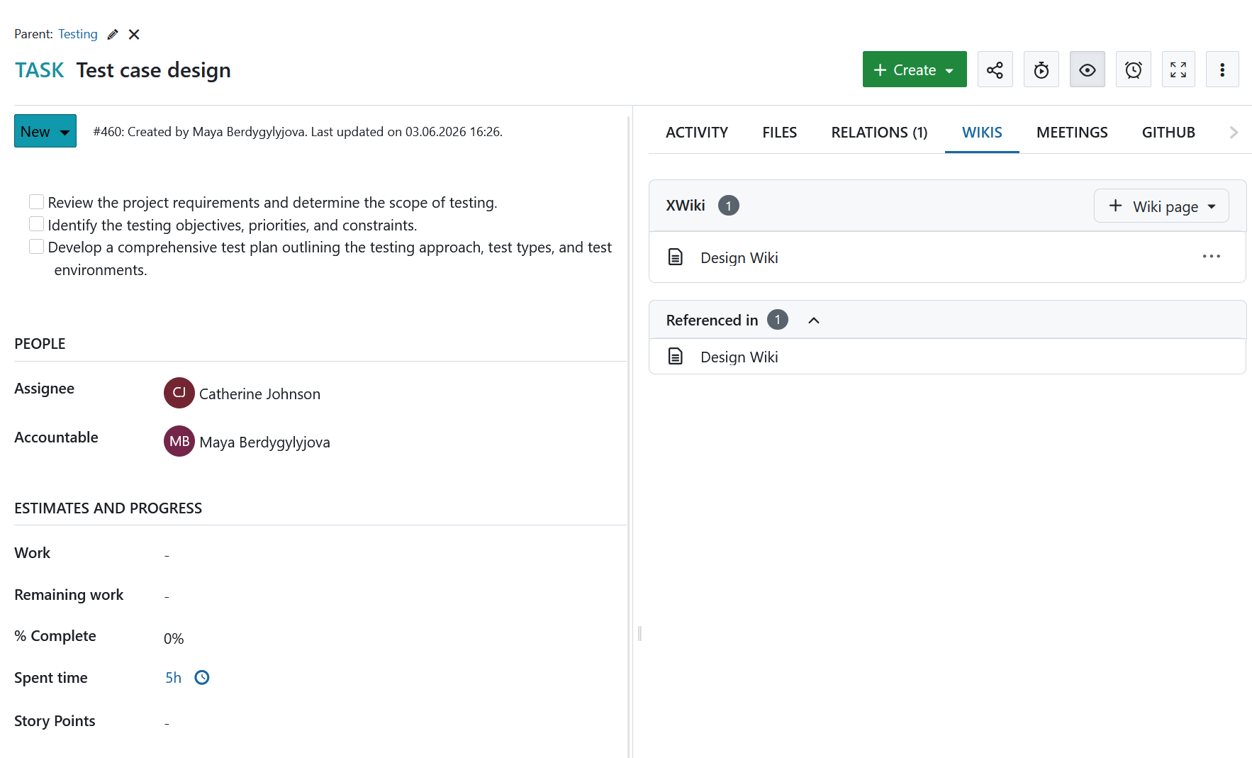 OpenProject XWiki integration: ‘Wikis’ tab in a work package, with a linked XWiki and a ‘Referenced in’ link to another XWiki page, and option to add a wiki
