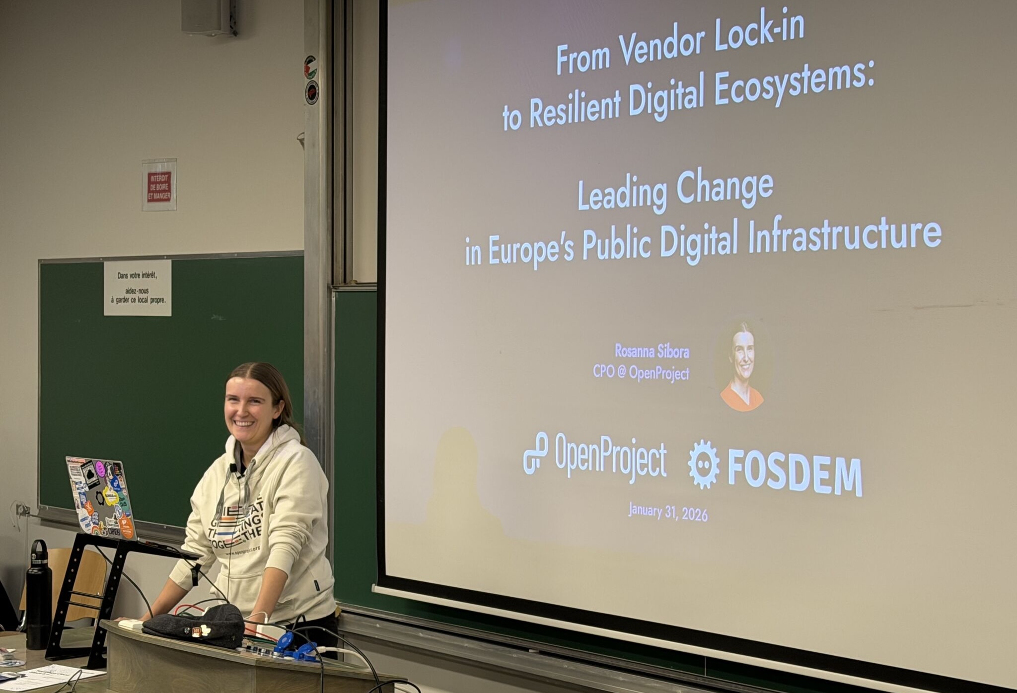 Rosanna Sibora, CPO at OpenProject, presenting her talk on leading change to open source at FOSDEM
