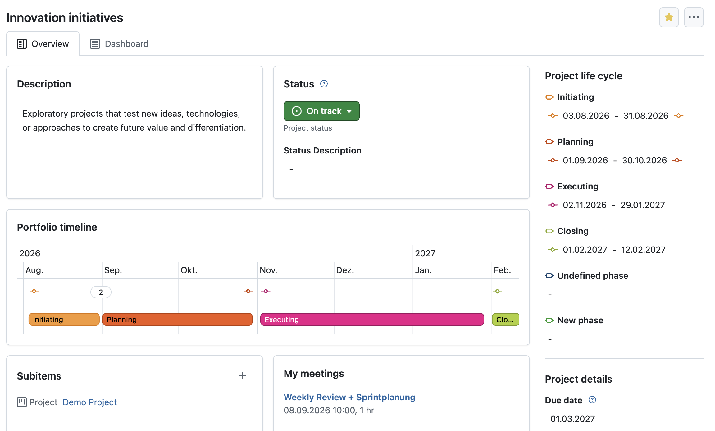 OpenProject’s Project phases and gates widget visualizes the current project phase and gate status on the project overview page.