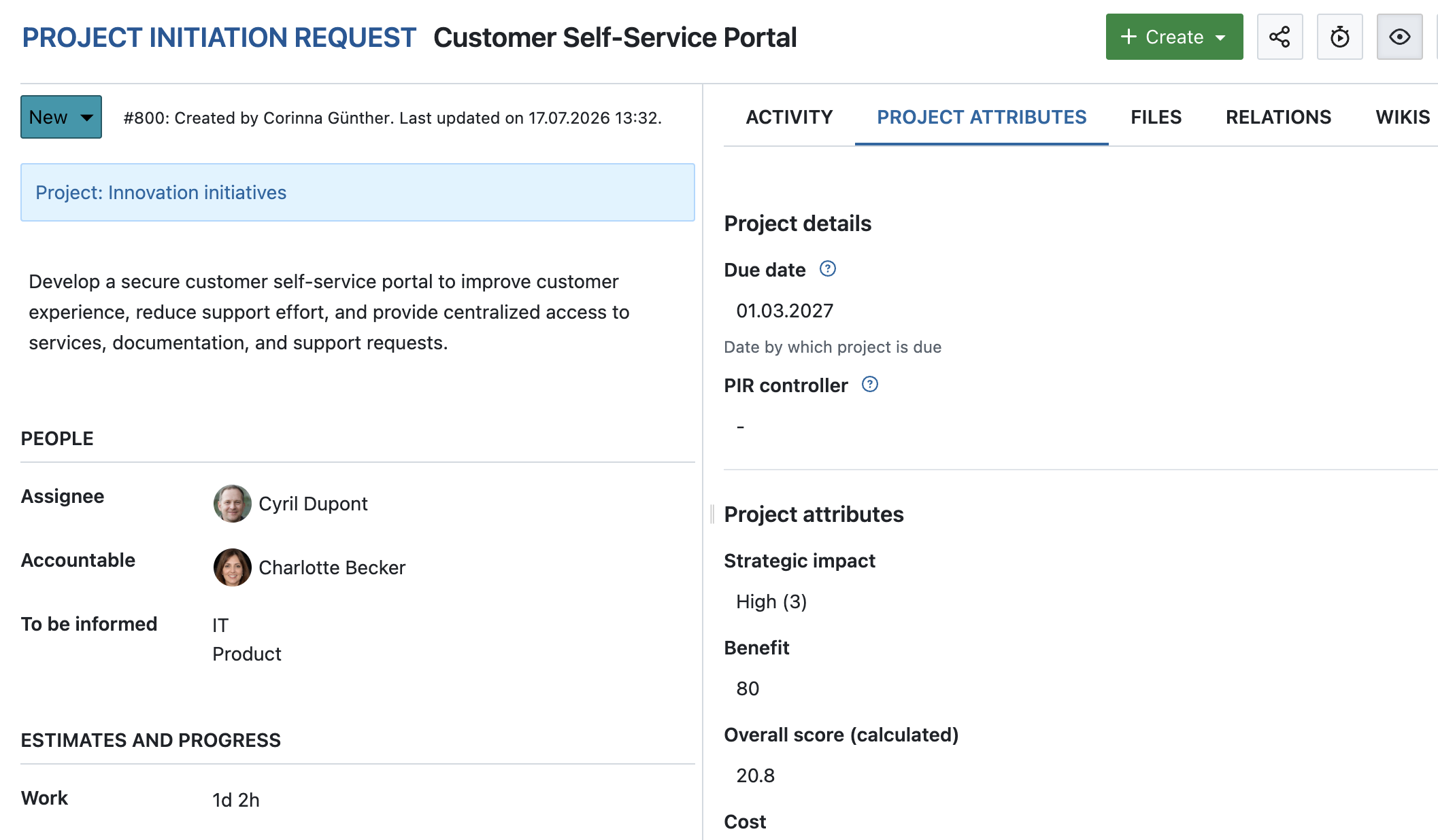 The Project attributes tab provides access to methodology-specific information for PM² and PMflex projects.