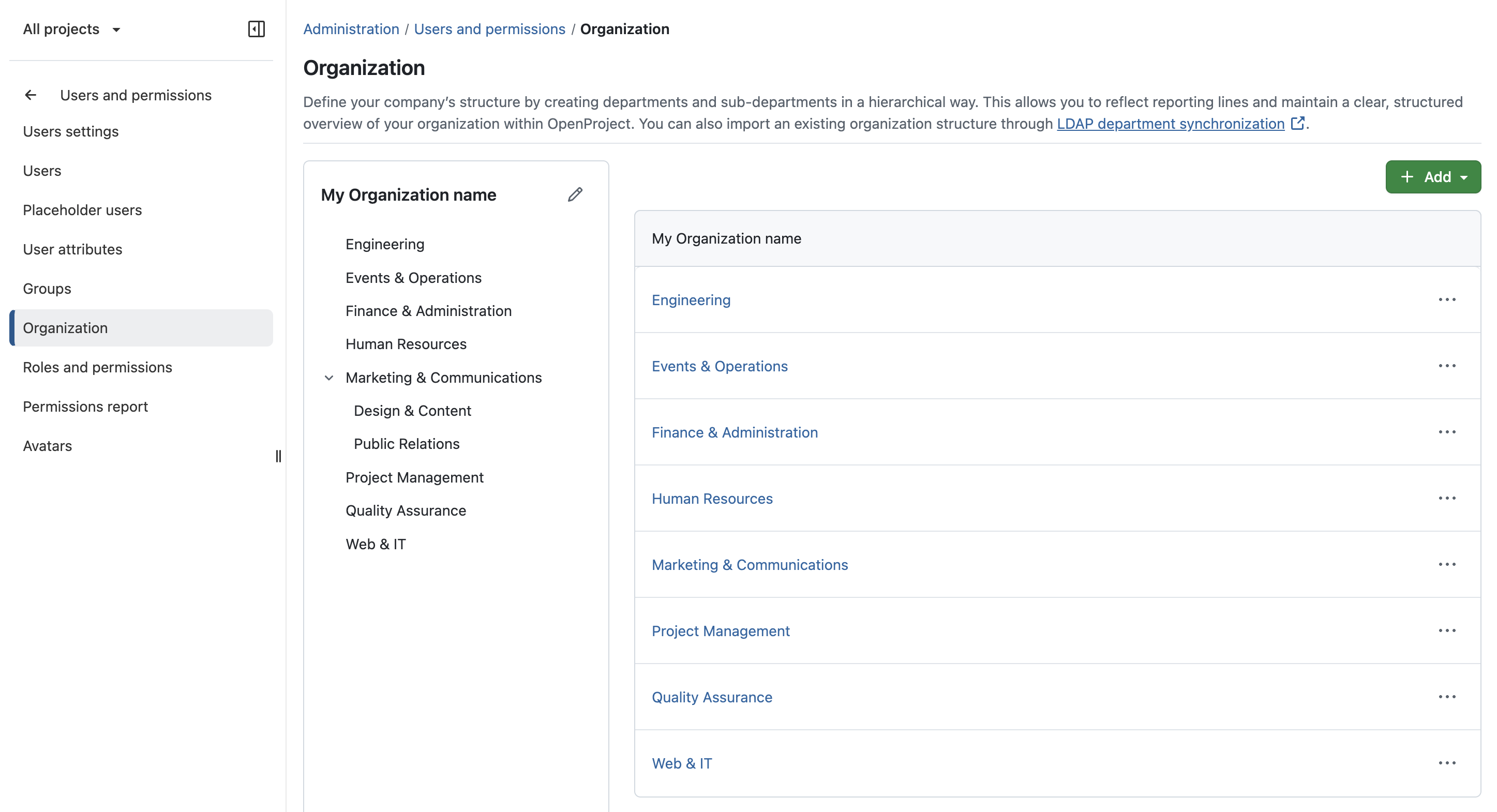 OpenProject’s Organization page shows a hierarchical department structure that can be used to organize teams across the organization.