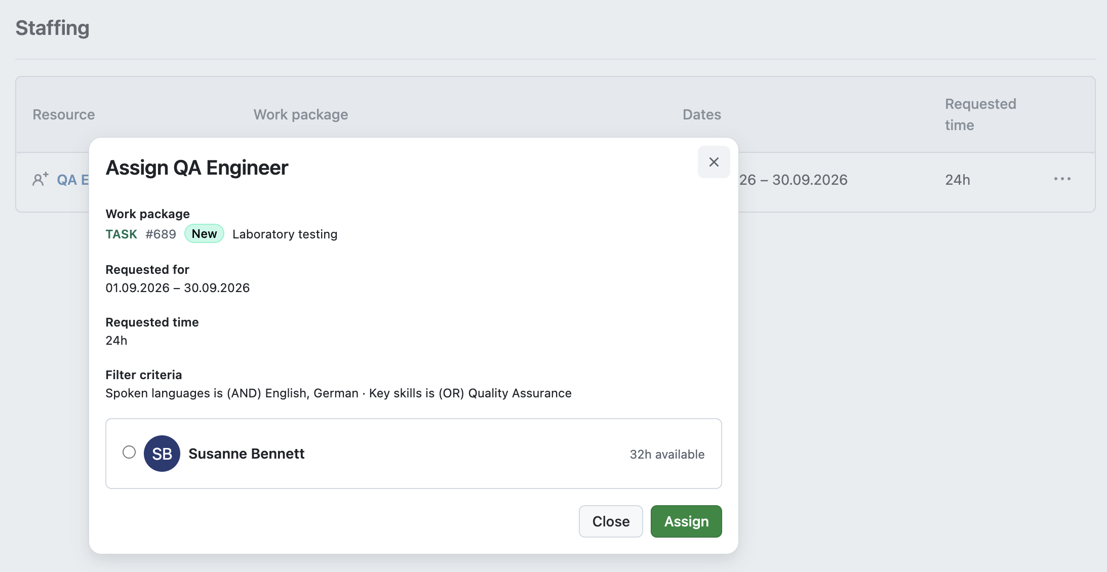 OpenProject’s Staffing view shows an open resource request for Laboratory testing together with a matching project member who can be assigned to the work.