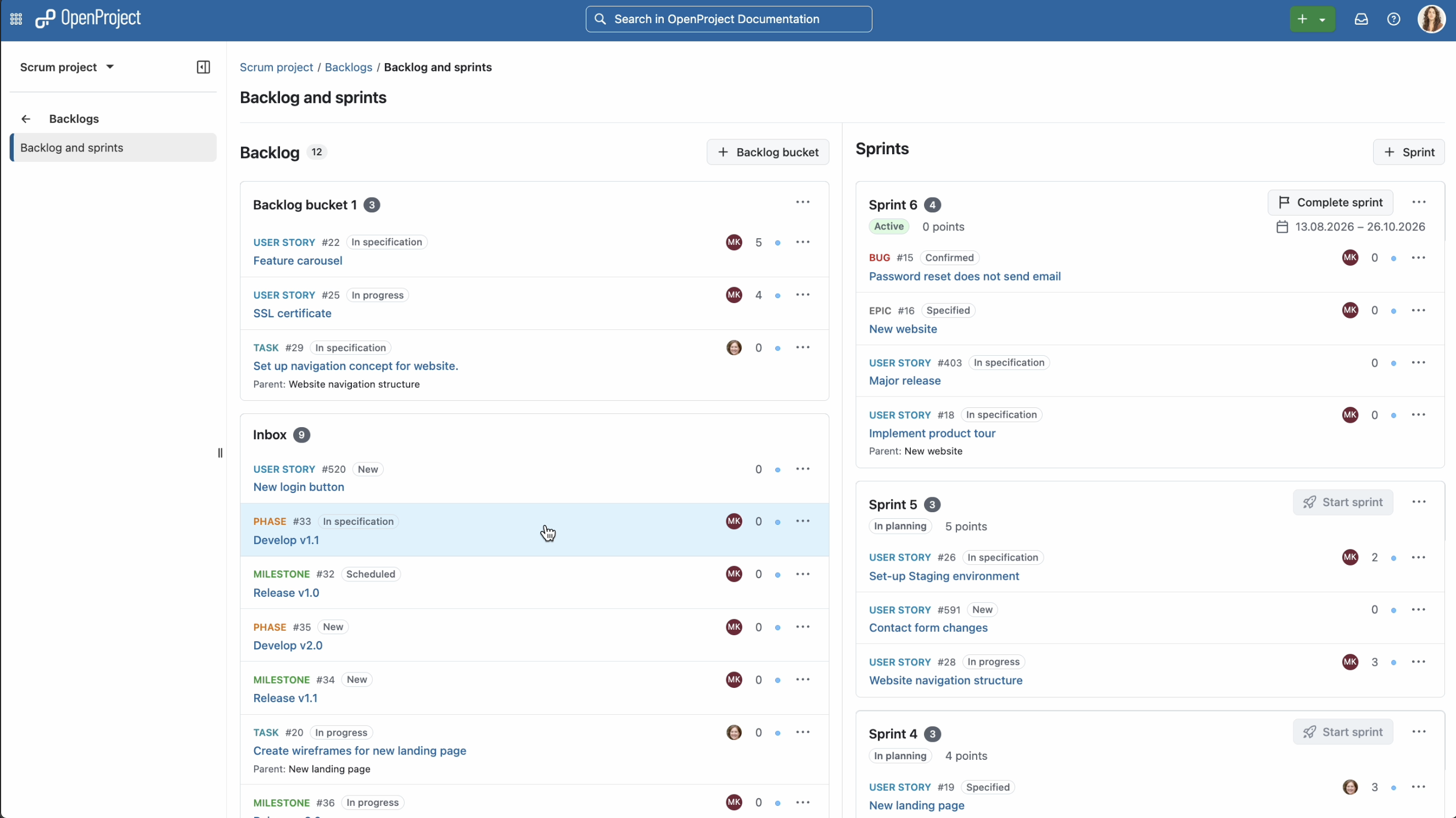 OpenProject’s backlog and sprints view, showing user stories, bugs, and epics organized across a backlog and multiple sprints