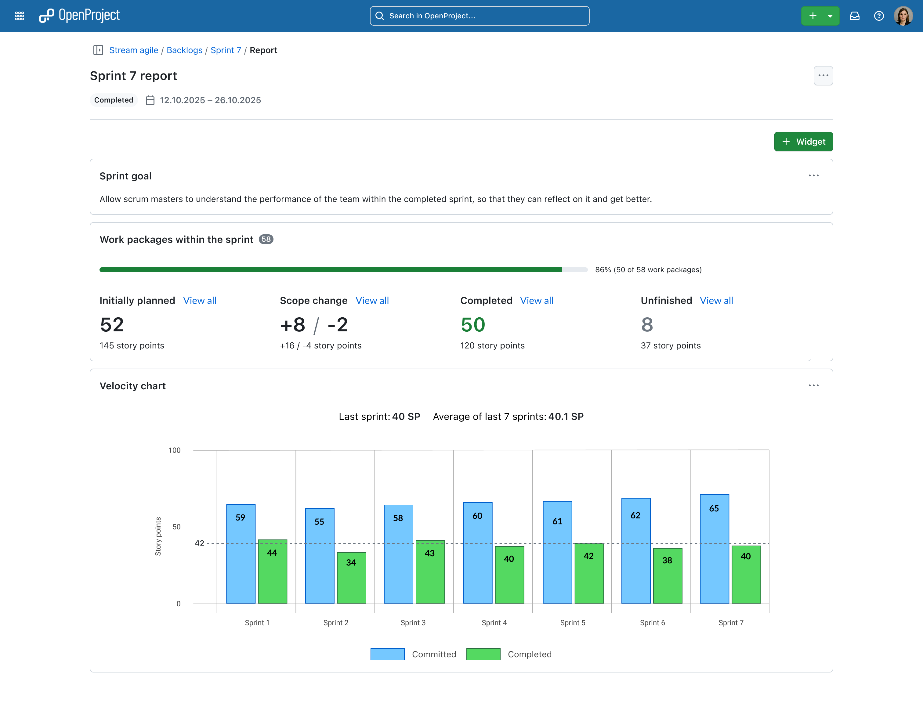 Preview of the new OpenProject sprint report page, showing the sprint goal, work package overview, and velocity chart