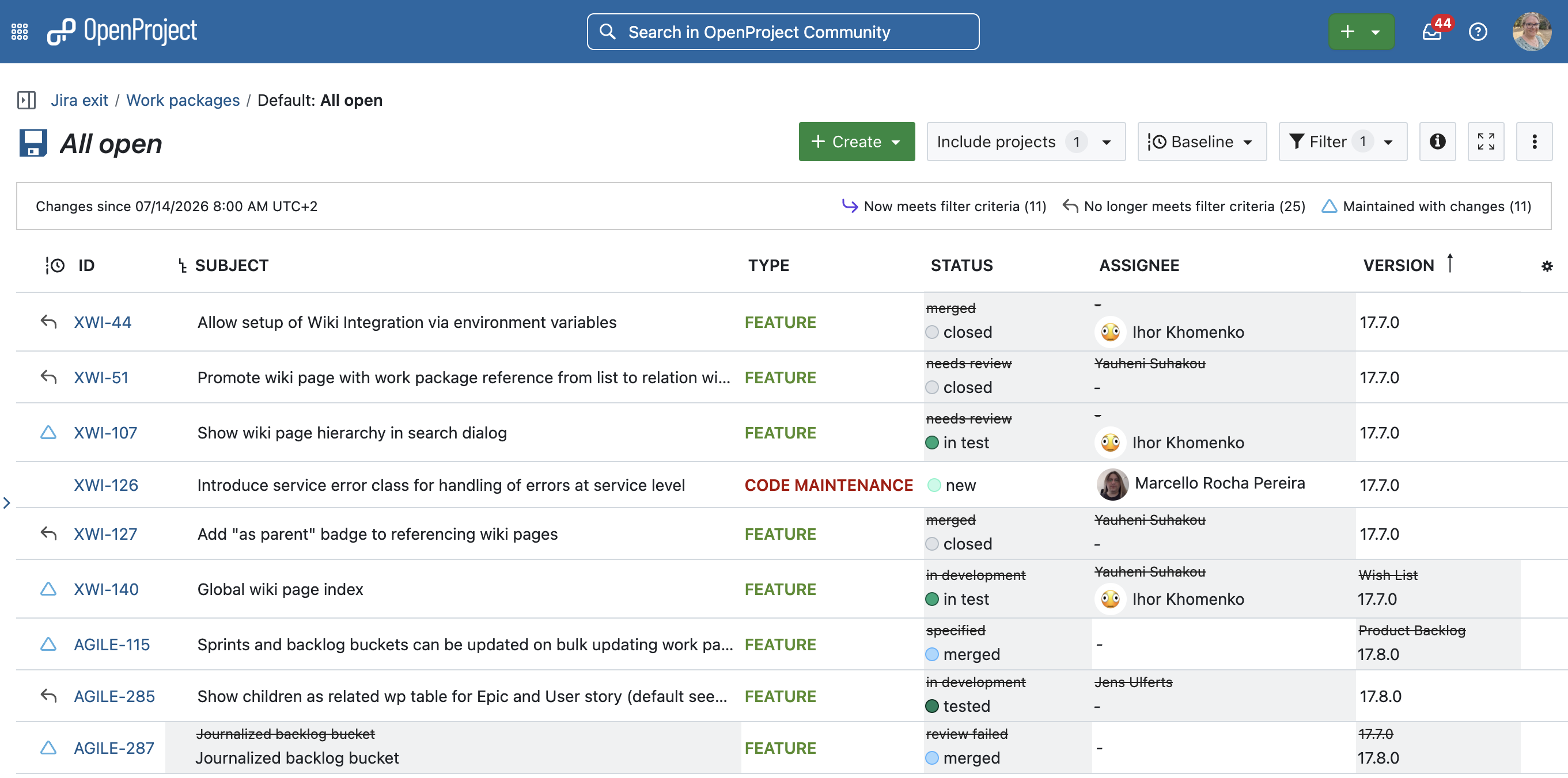 OpenProject Baseline comparison showing changes to work package status, assignee, and version compared with an earlier point in time.