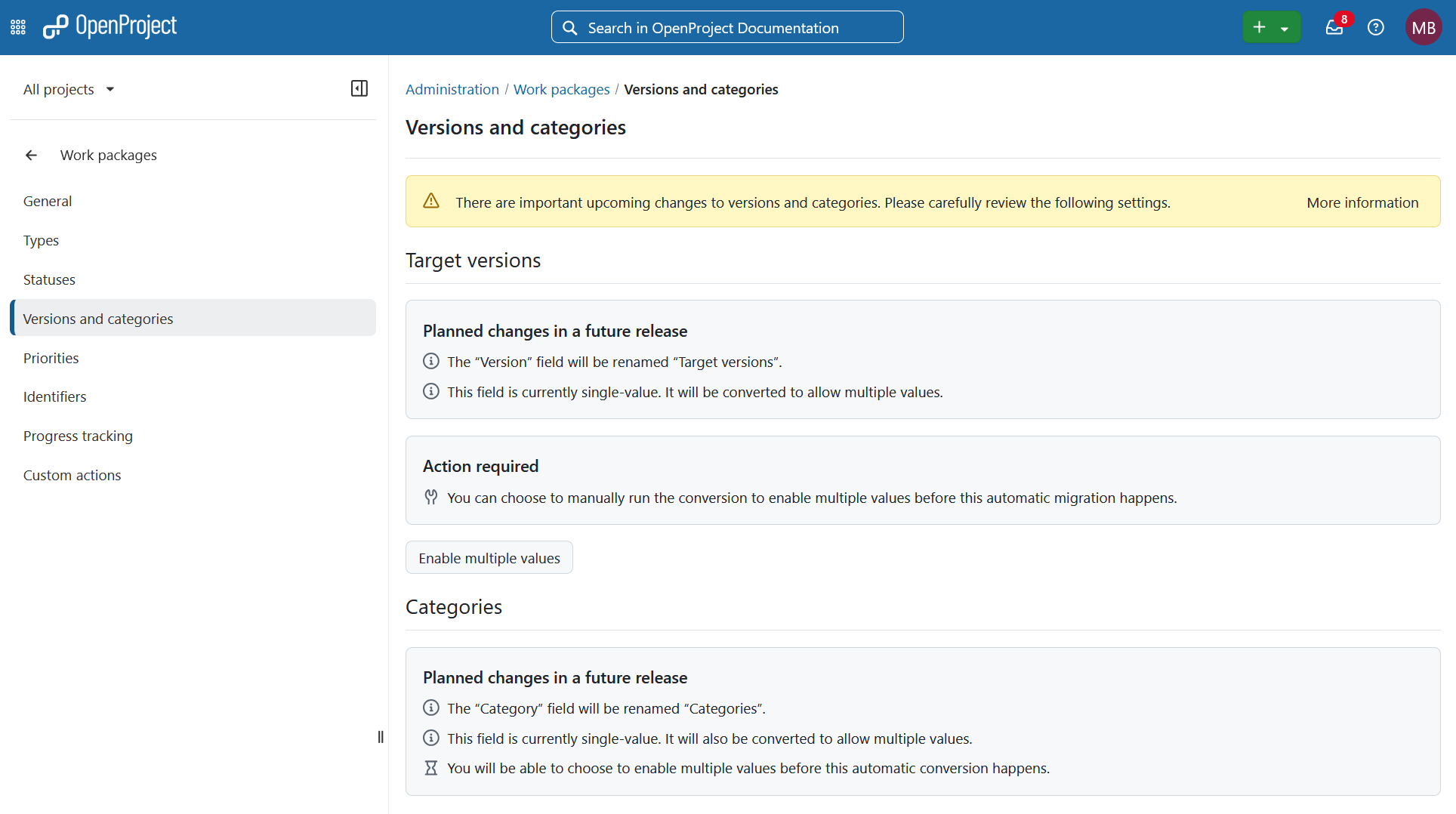 OpenProject administration page for versions and categories