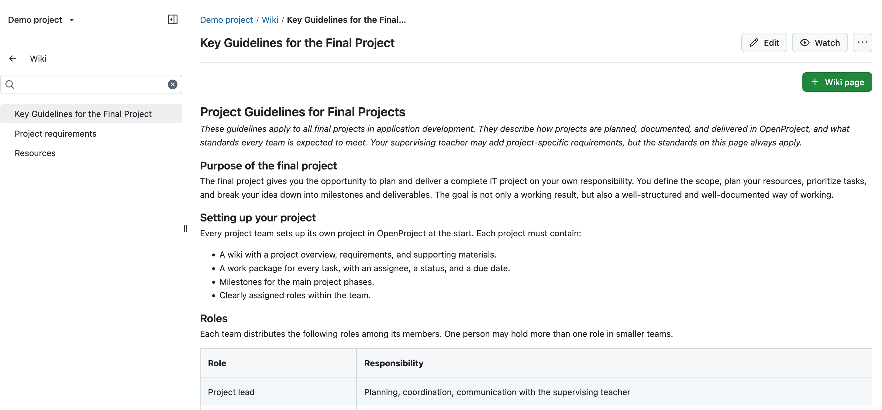 Screenshot from OpenProject, showing a wiki page with headings and text. The content focuses on key guidelines for a final project.