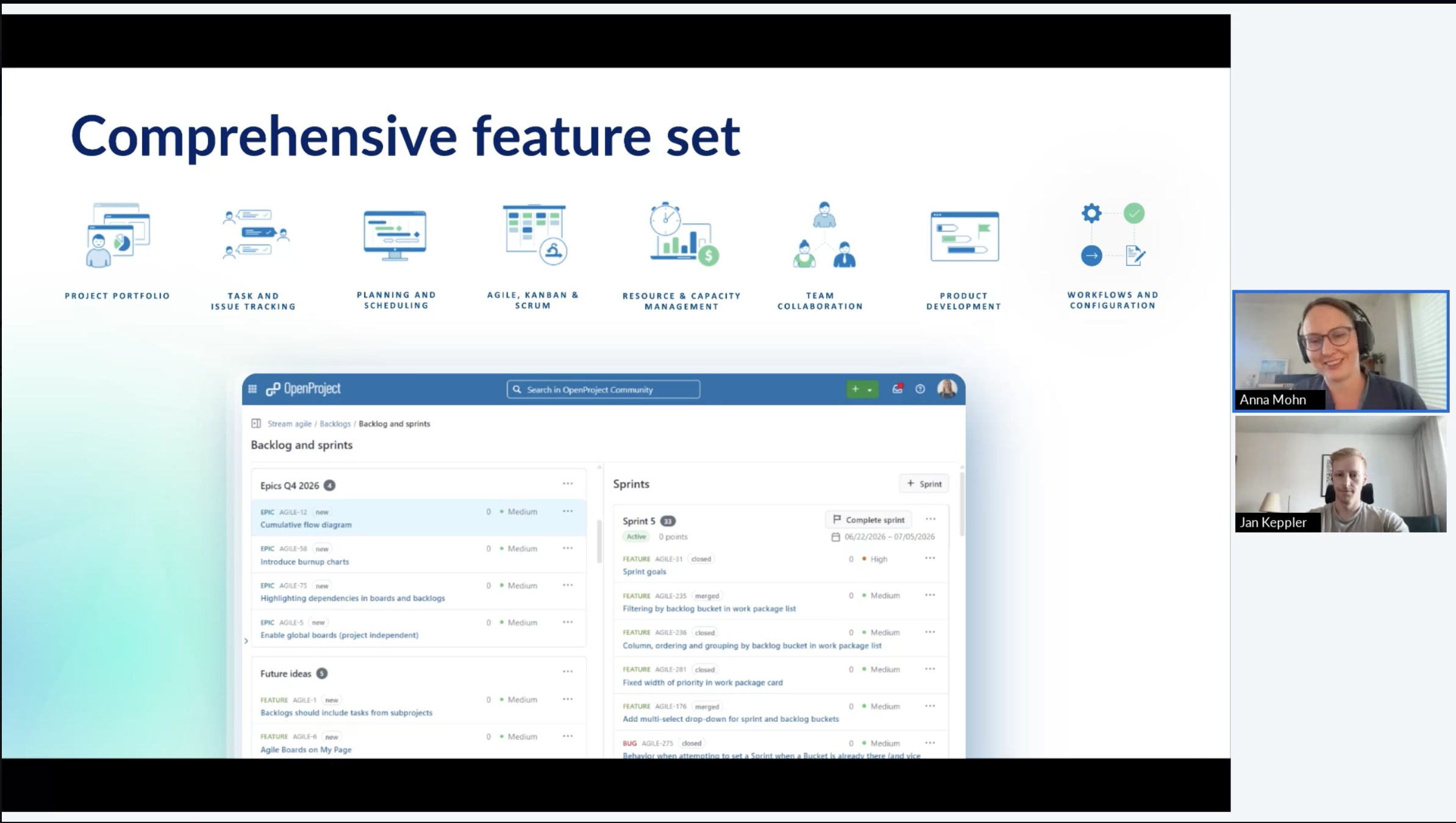 OpenProject live Q&A webinar showing the comprehensive feature set and the Backlogs and Sprints view