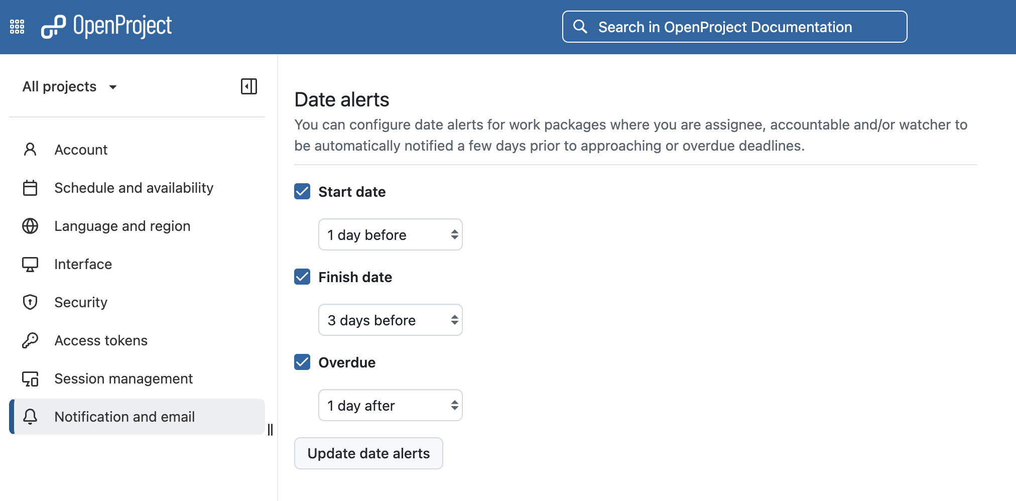 Configuring date alerts for start dates, finish dates and overdue work packages in OpenProject