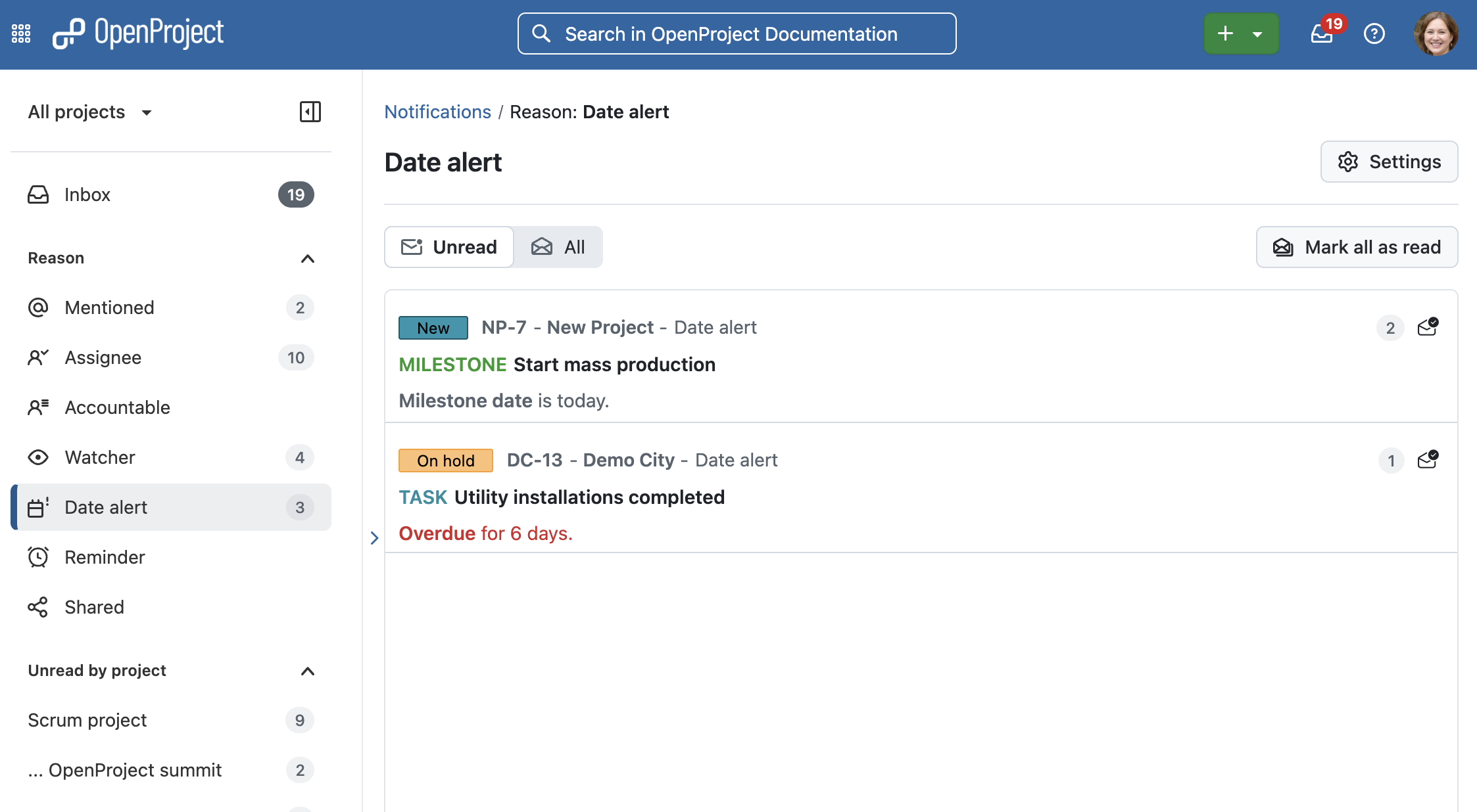 Date alerts for upcoming and overdue work packages in the OpenProject Notification Center