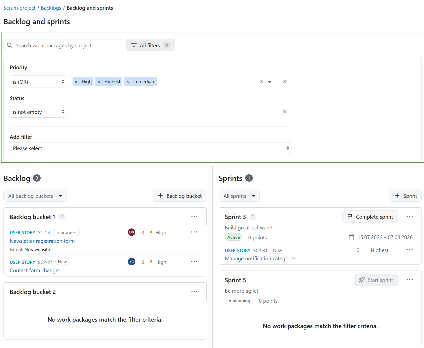 Searching and filtering work packages in the OpenProject Backlogs view