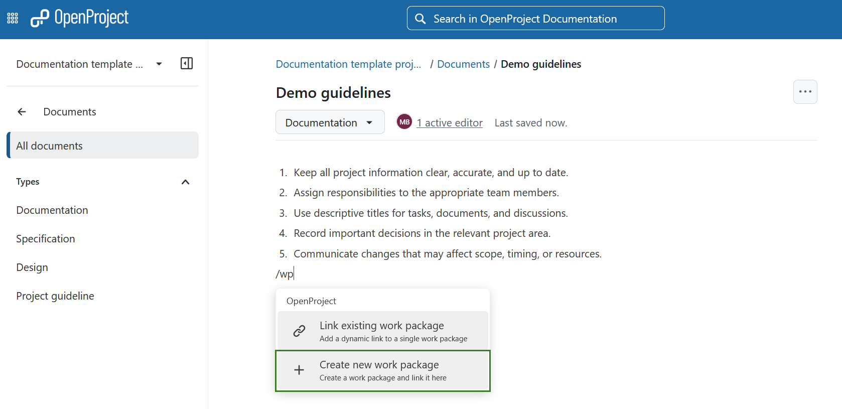 Creating a new work package directly from a document in OpenProject
