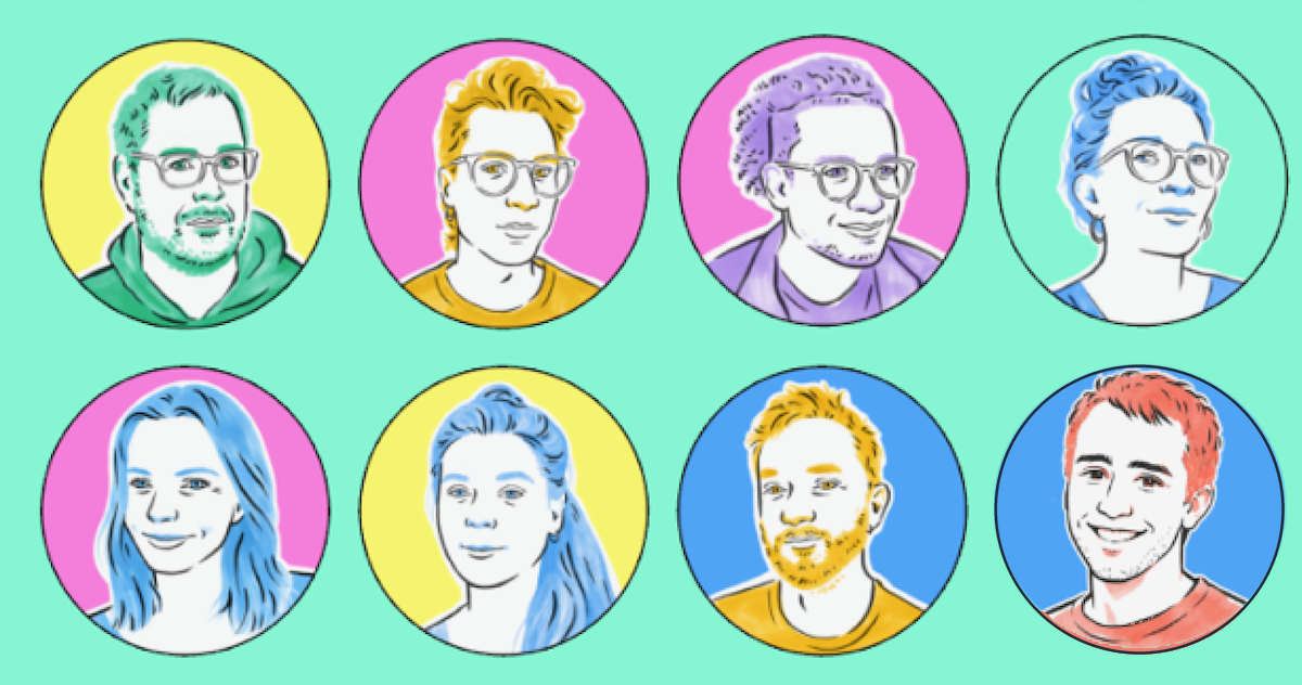 Illustrated portraits of eight members of the bitcrowd team on a mint green background