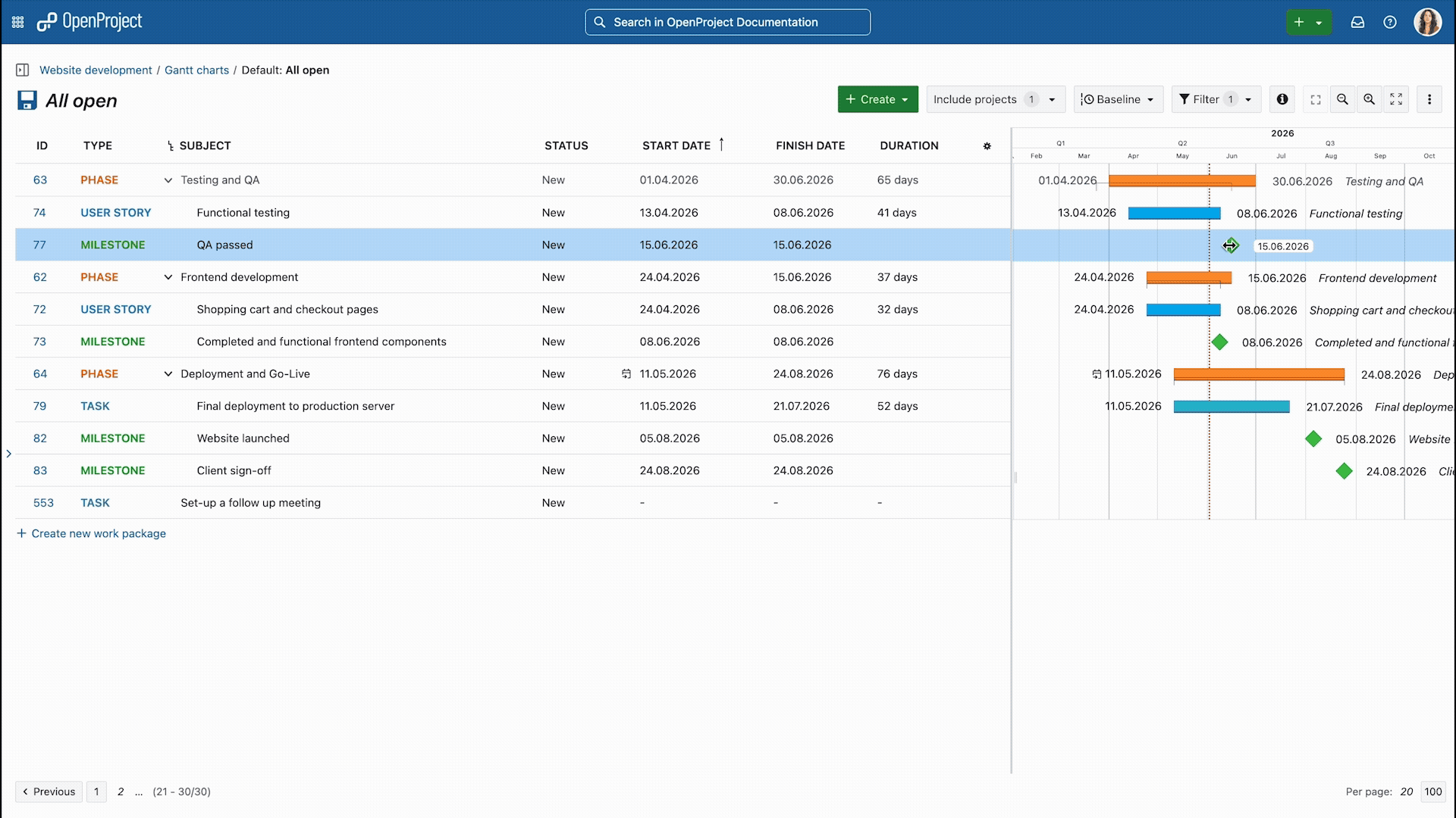 Gif: OpenProject Gantt chart - drag and drop to change start and end time or dependencies for work packages