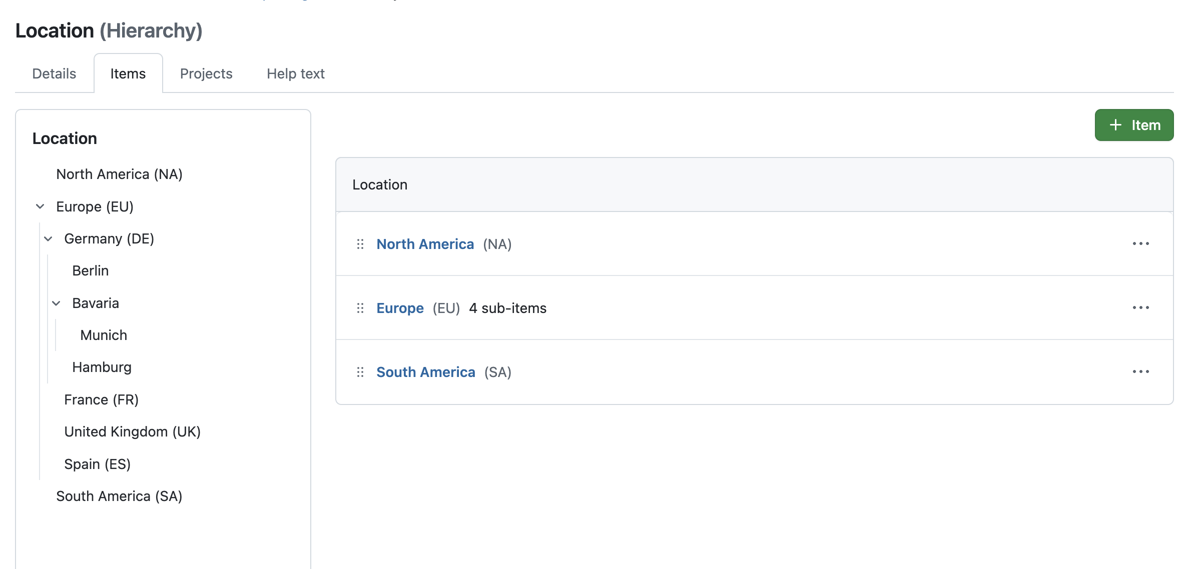 OpenProject hierarchical custom field showing locations structured across multiple levels from region to country and city