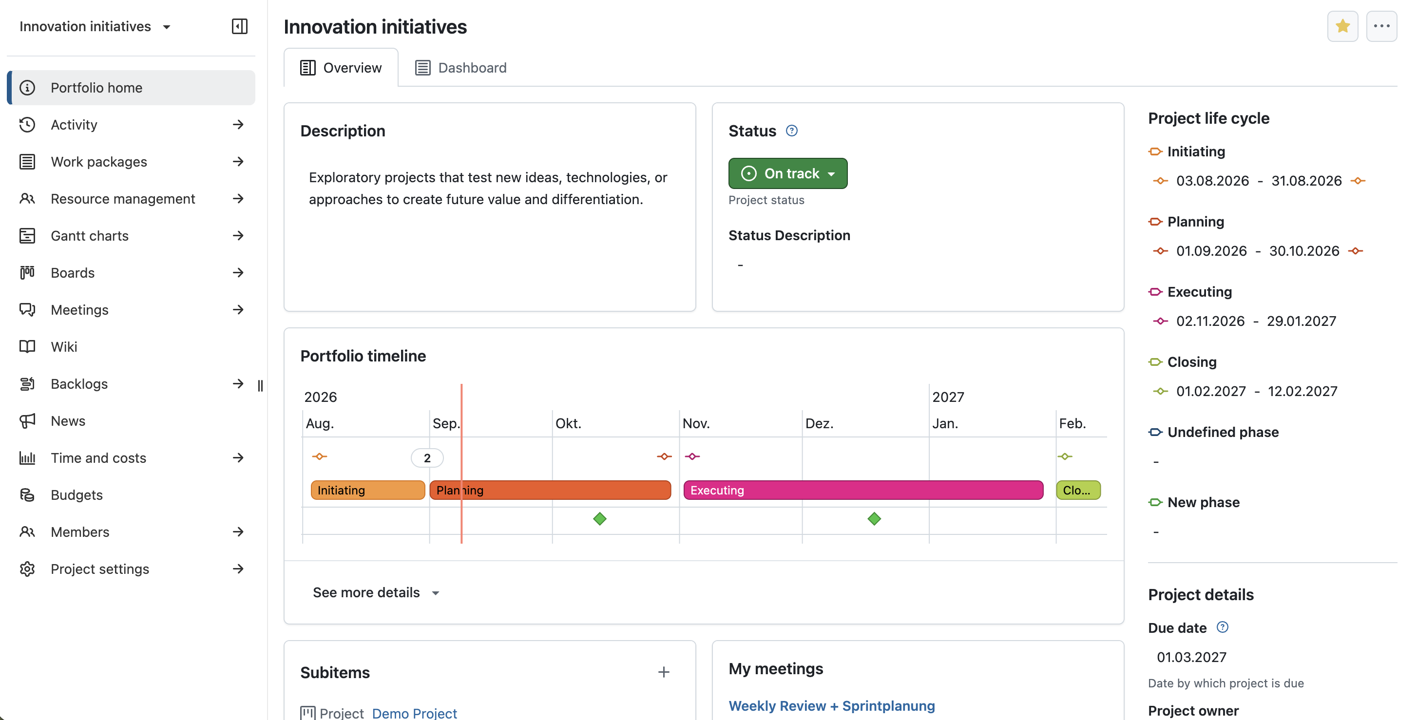 OpenProject portfolio overview page showing portfolio status, project lifecycle, timeline and portfolio subitems