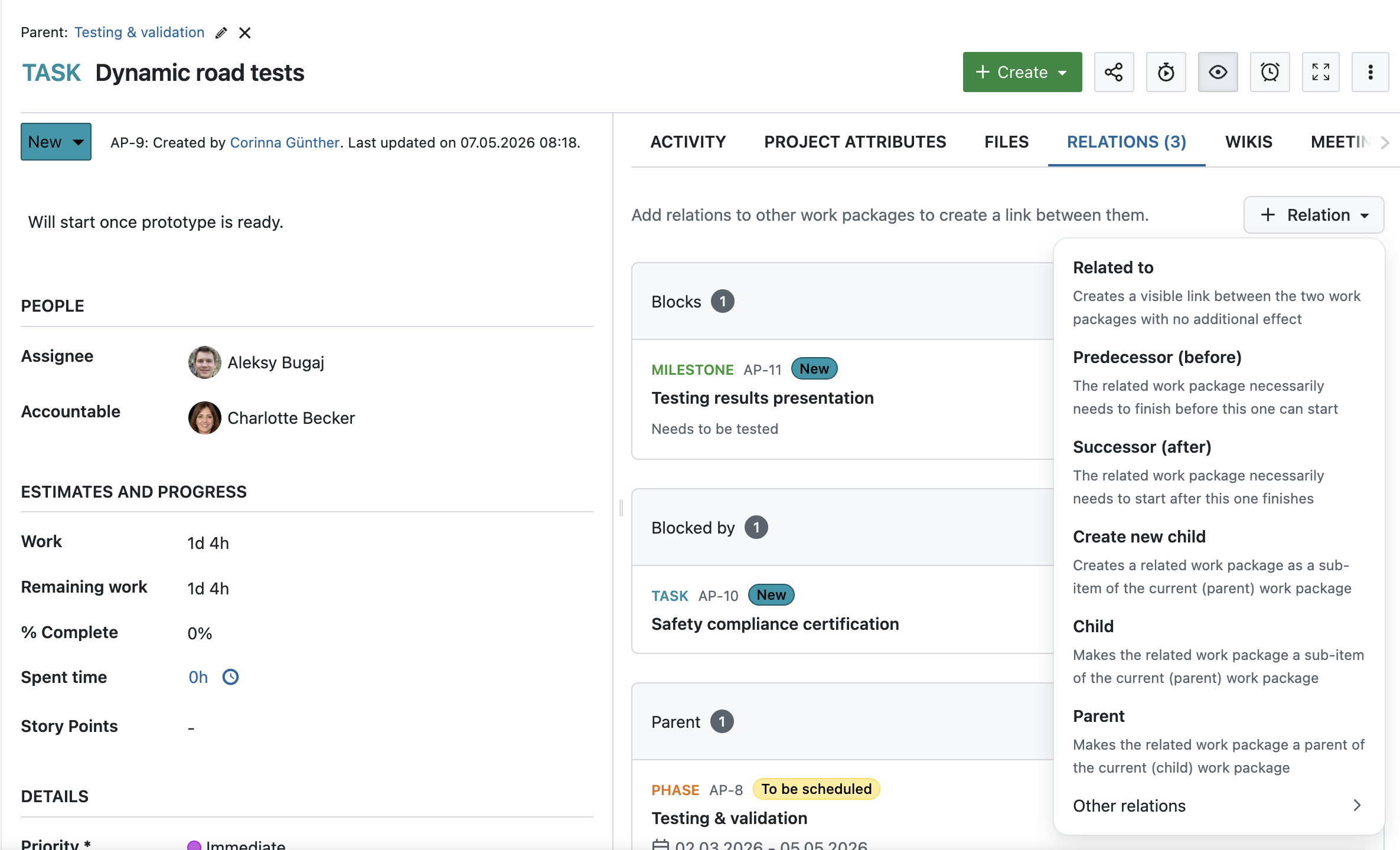 Work package in OpenProject showing different relations: Blocks, Blocked by and Parent