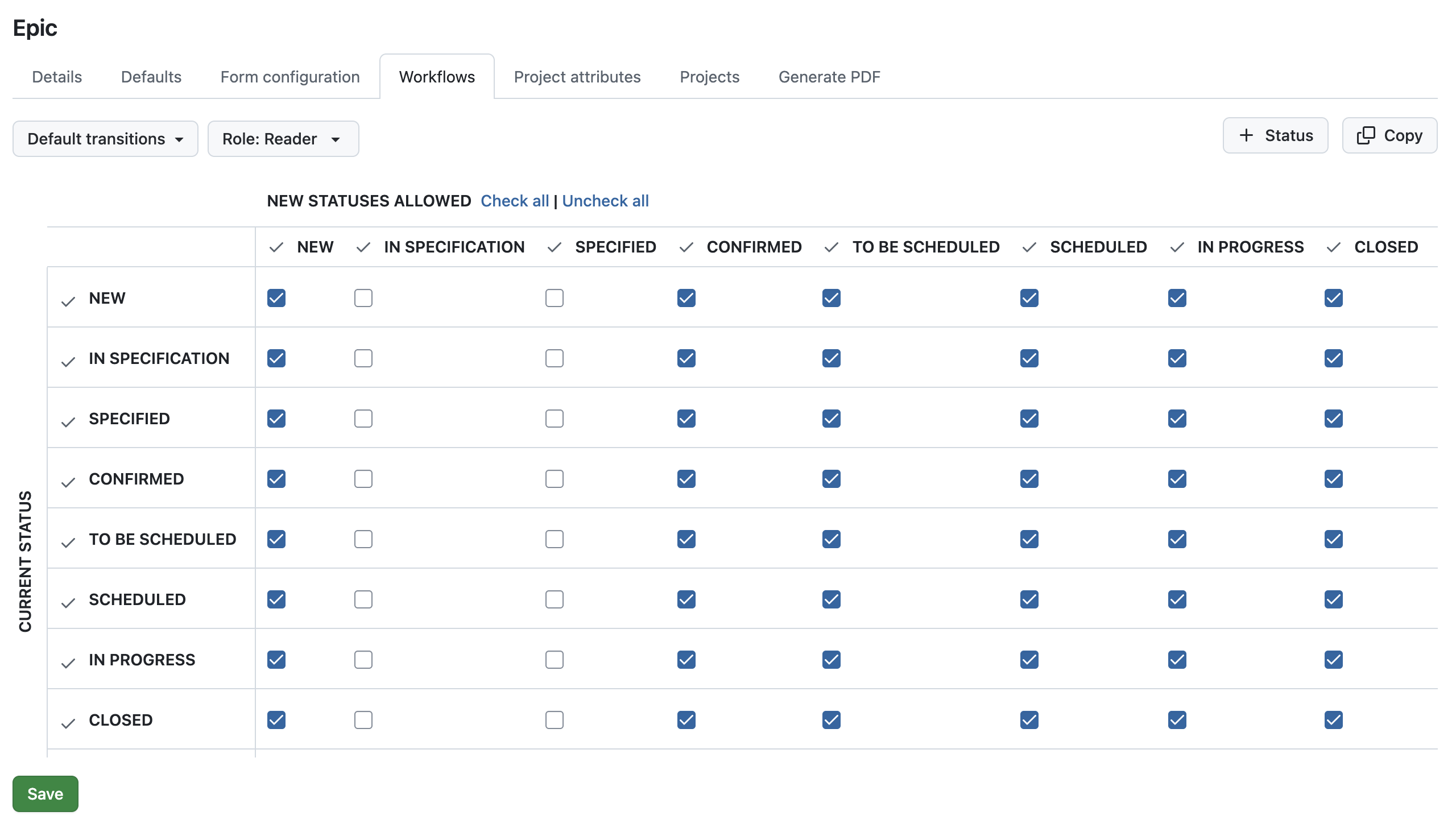 OpenProject workflow configuration showing allowed status transitions for a selected work package type and role