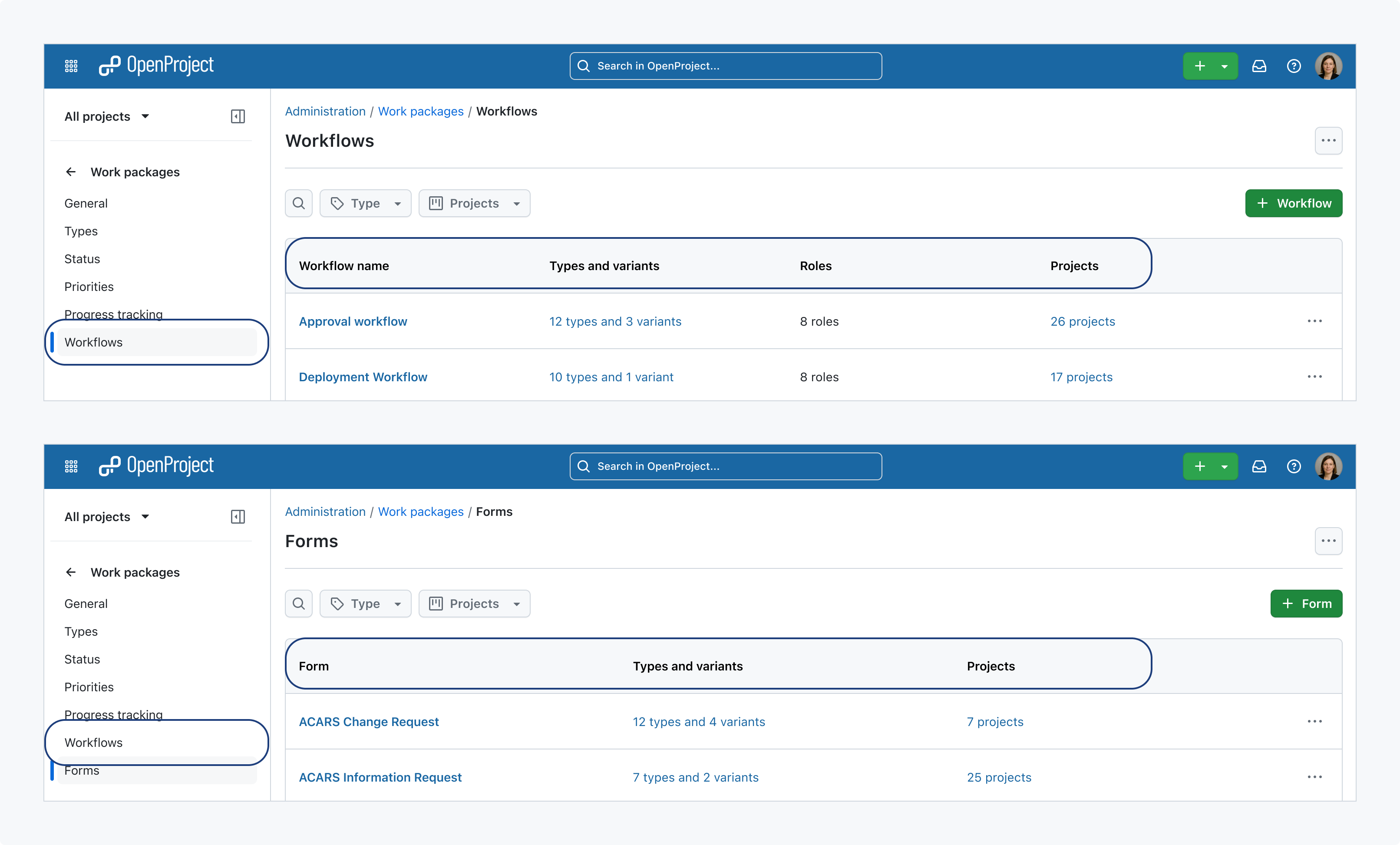Preview of OpenProject 18.0 showing the workflow and form libraries in the work package administration