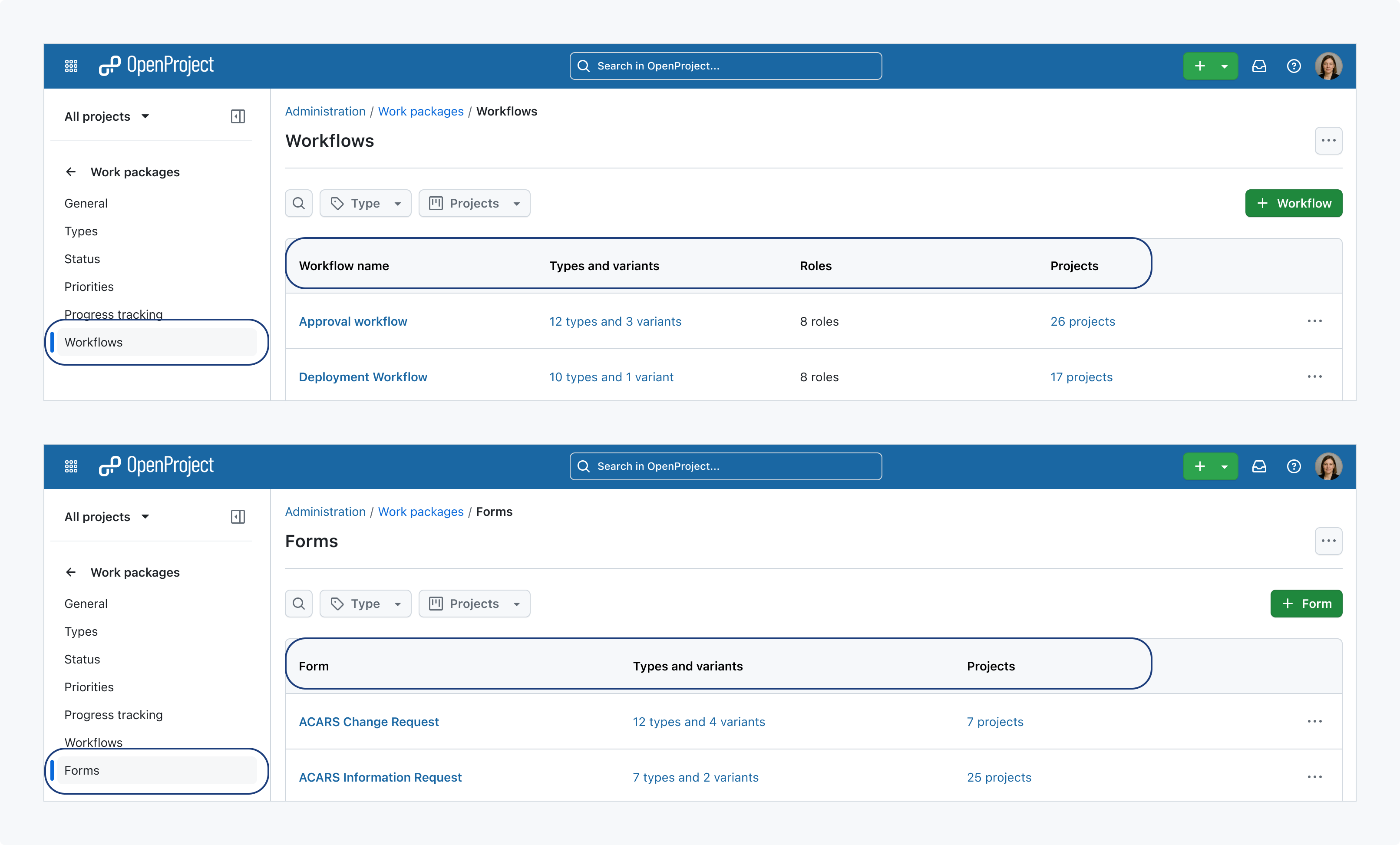 Vorschau auf OpenProject 18.0 mit den Workflow- und Formularbibliotheken in der Administration der Arbeitspakete