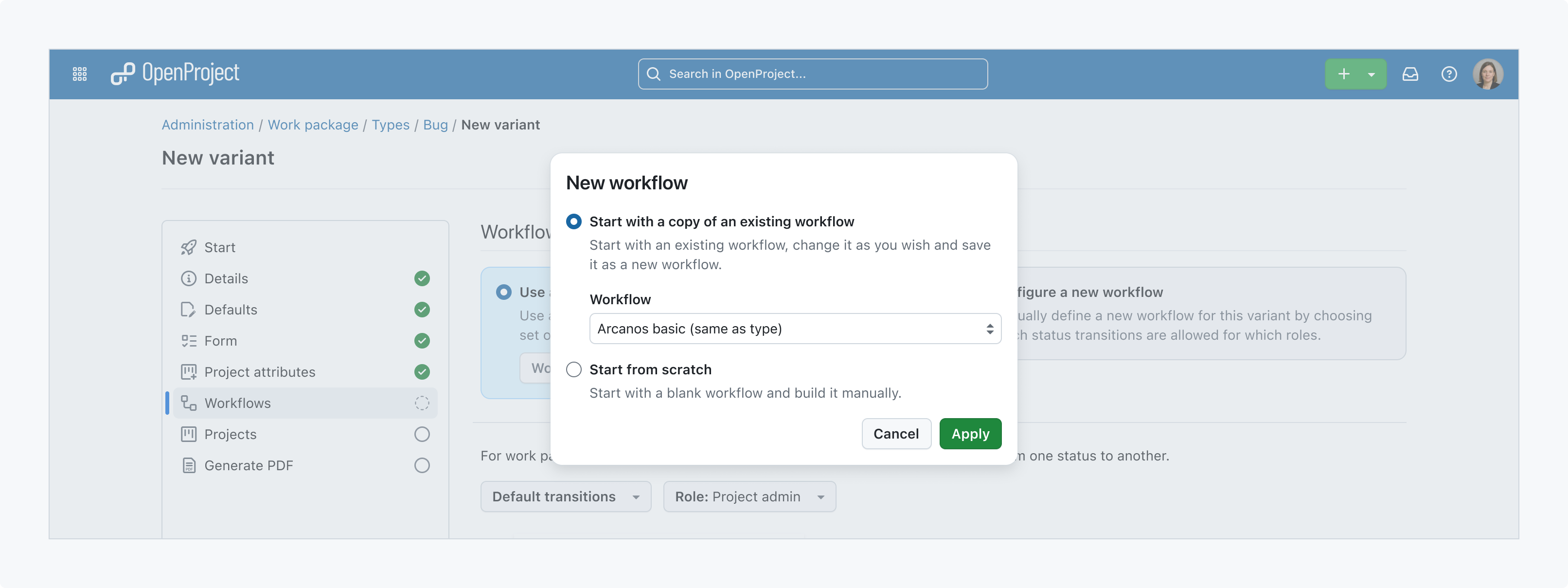Preview of OpenProject 18.0 showing options to copy an existing workflow or start a new workflow from scratch