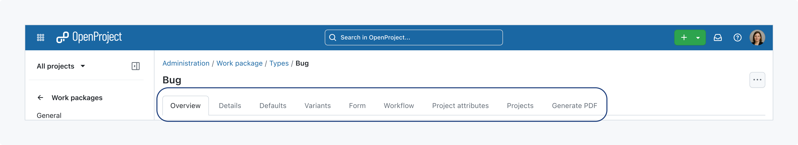 Preview of OpenProject 18.0 showing the administration of a work package type with settings for details, defaults, variants, forms and workflows