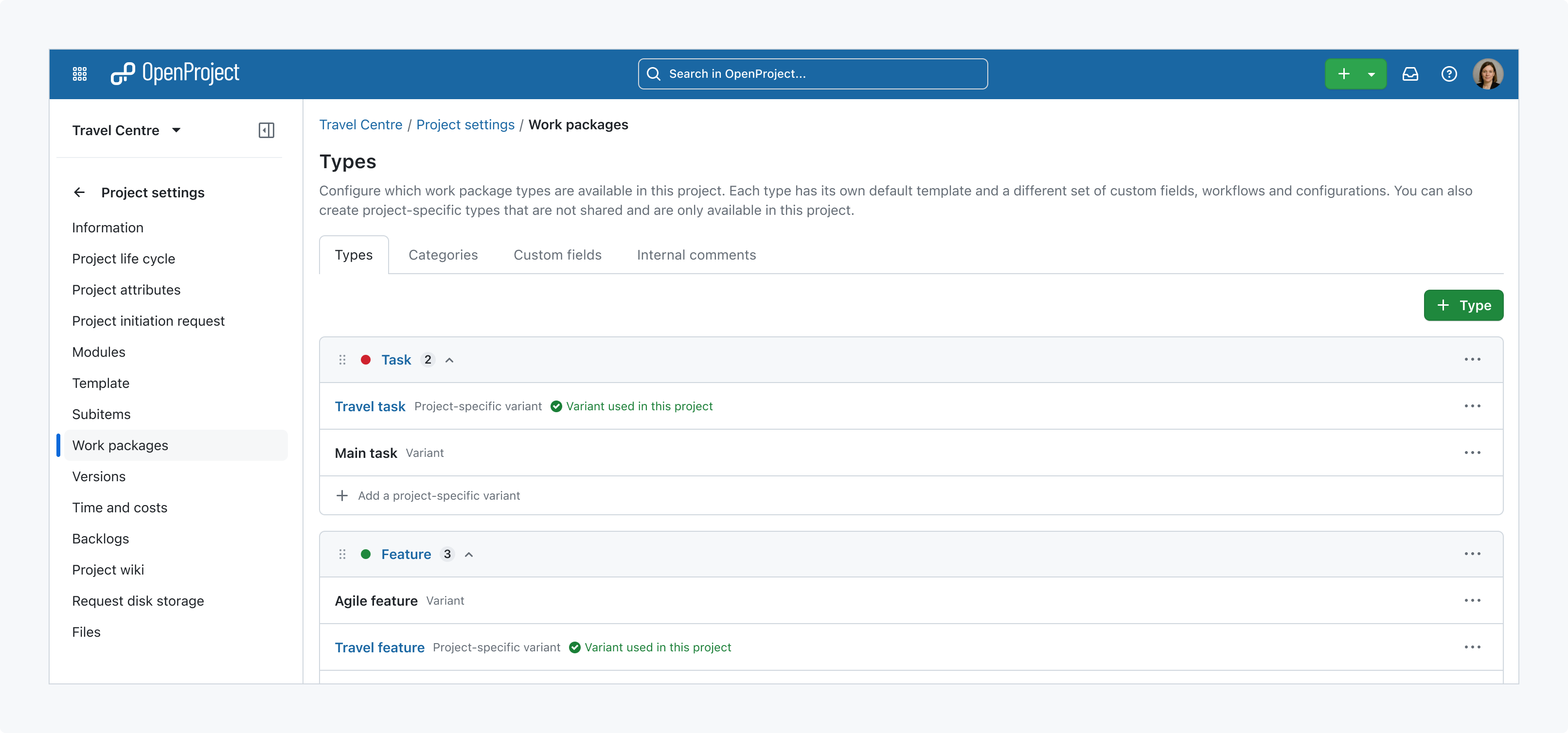 Preview of OpenProject 18.0 showing project-specific work package type variants in the project settings