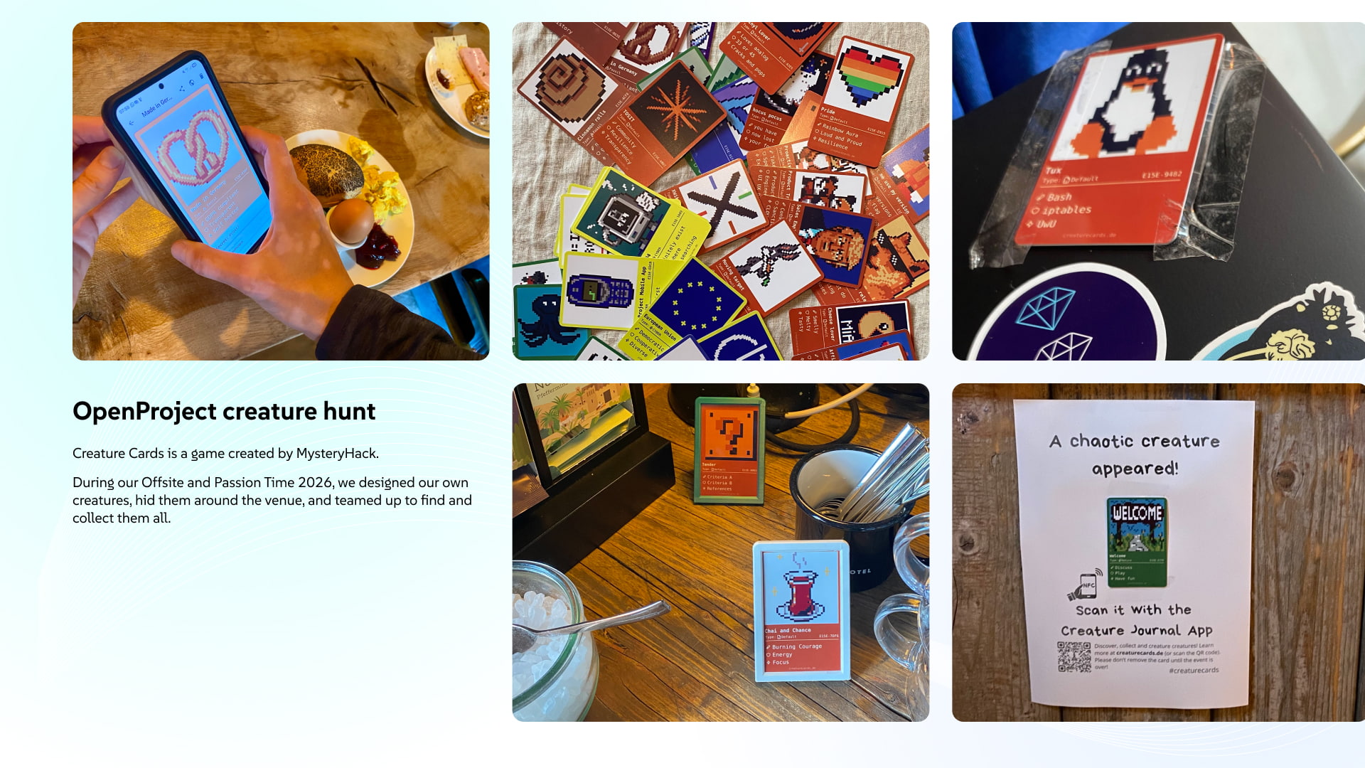 Collage of the creature cards hunt at the OpenProject Offsite 2026, showing pixel-art NFC cards, a colleague scanning a creature with a smartphone, cards hidden around the venue, and a creature hunt poster.