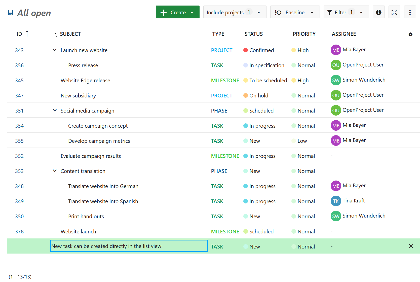 OpenProject issues list view
