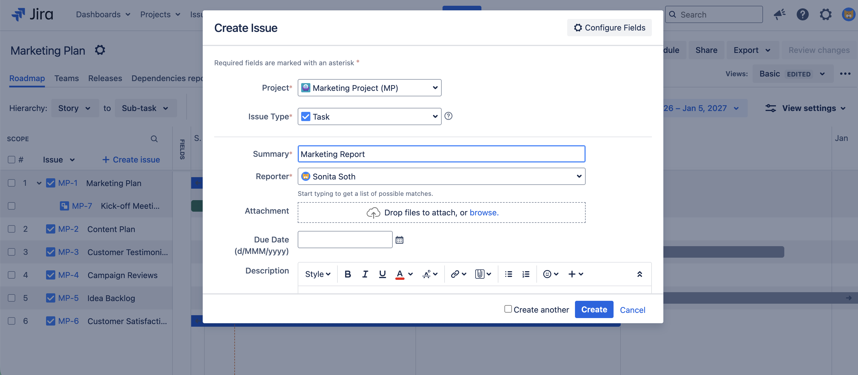 Creating an issue in Jira