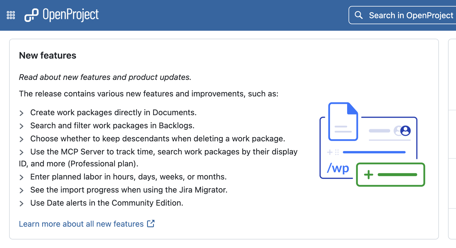 Screenshot of the release teaser that is always displayed on an instance’s homepage – in this case, community.openproject.org.