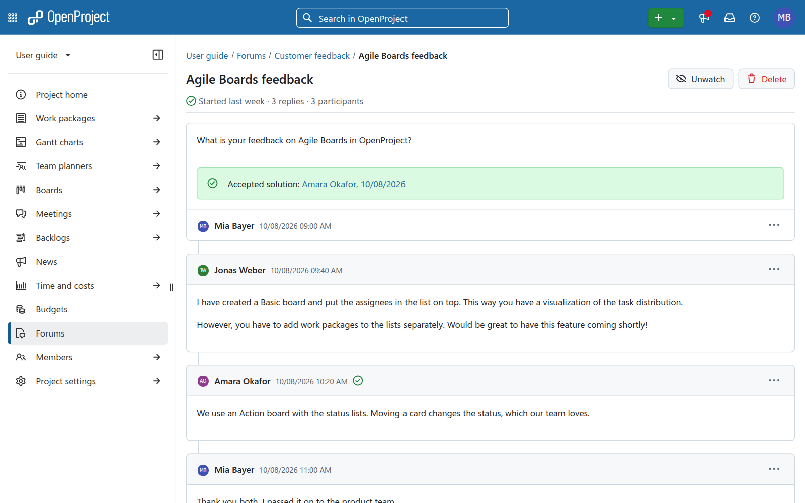 Forum discussion in OpenProject 18.0 with a green banner linking to an accepted solution and a check mark indicating that the topic has been solved