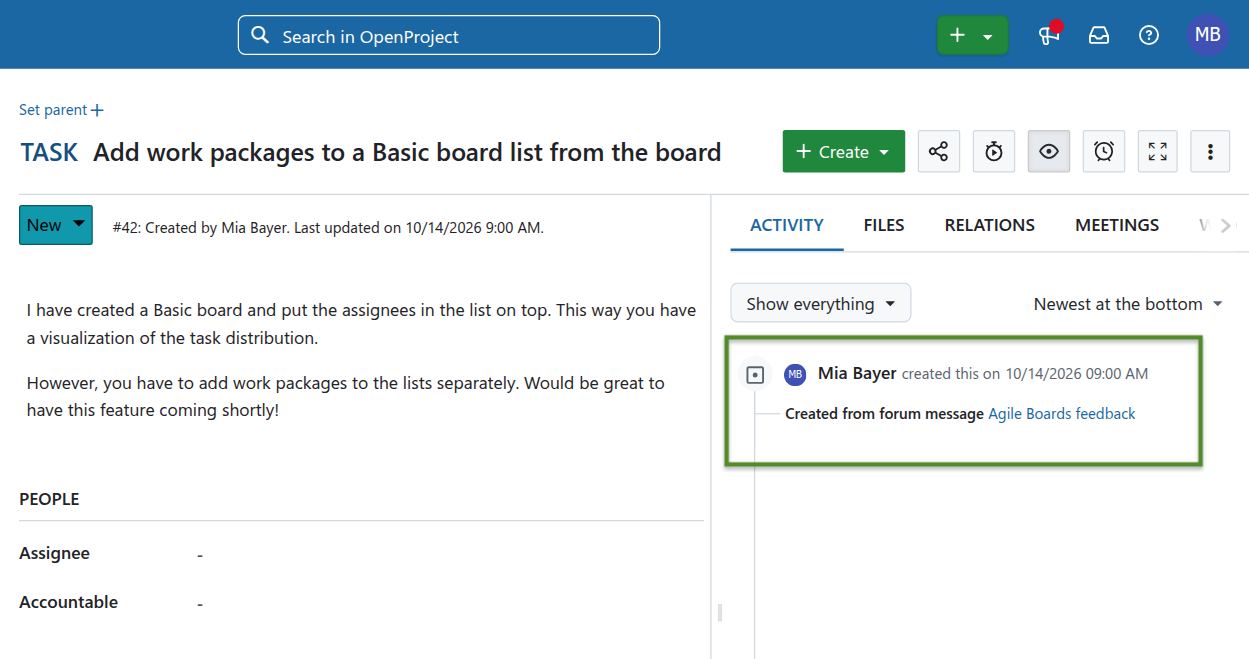 Work package in OpenProject 18.0 showing an activity entry that links back to the forum discussion from which the task was created