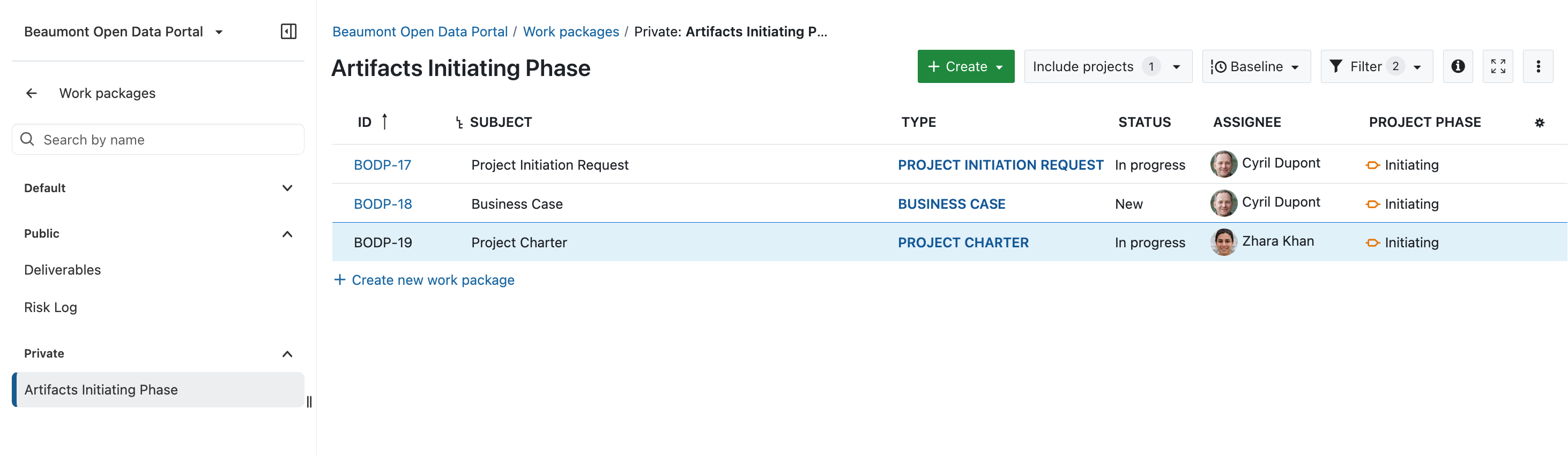 Screenshot of the work package table including all artifacts from the initiating phase with visible status, assignee, and project phase.
