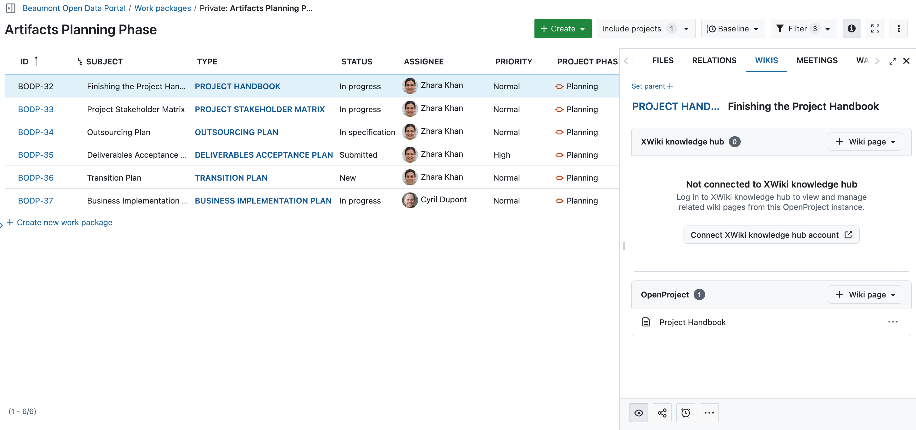 Filtered work package view with only artifacts for the planning phase visible. The “Project Handbook” is open in a side panel to show the link to the wiki module.