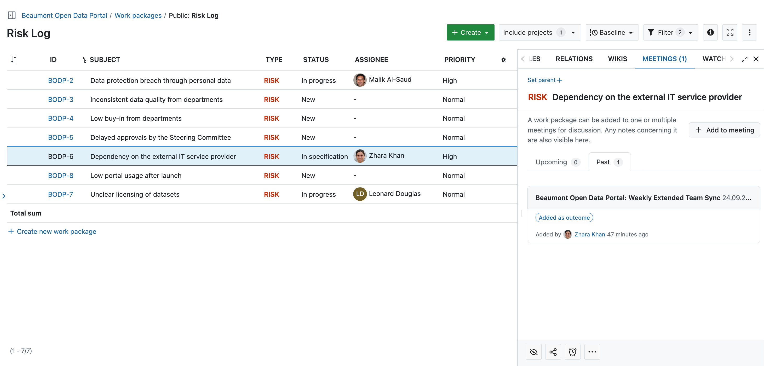 Screenshot of the Risk Log in OpenProject, shown as a filtered work package table of type “Risk”, with one risk opened in the side panel on its “Meetings” tab, showing the meeting it was created from.