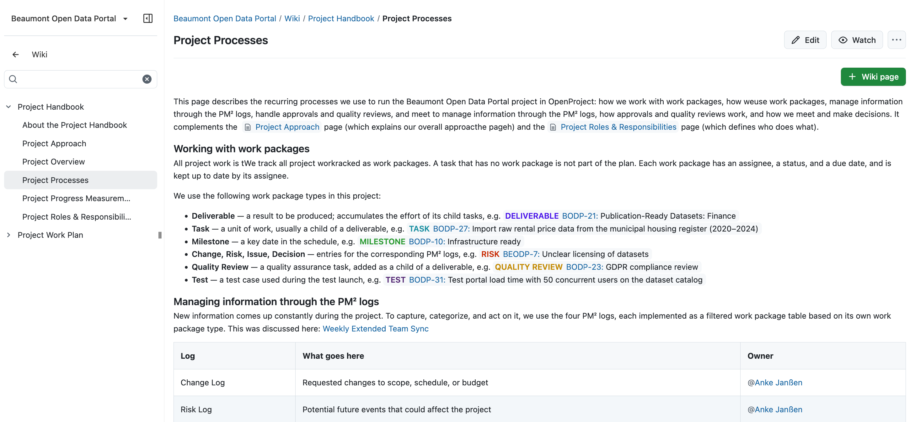 Screenshot: Subpage “Project Processes” in the Project Handbook in the OpenProject Wiki module with links to various resources.