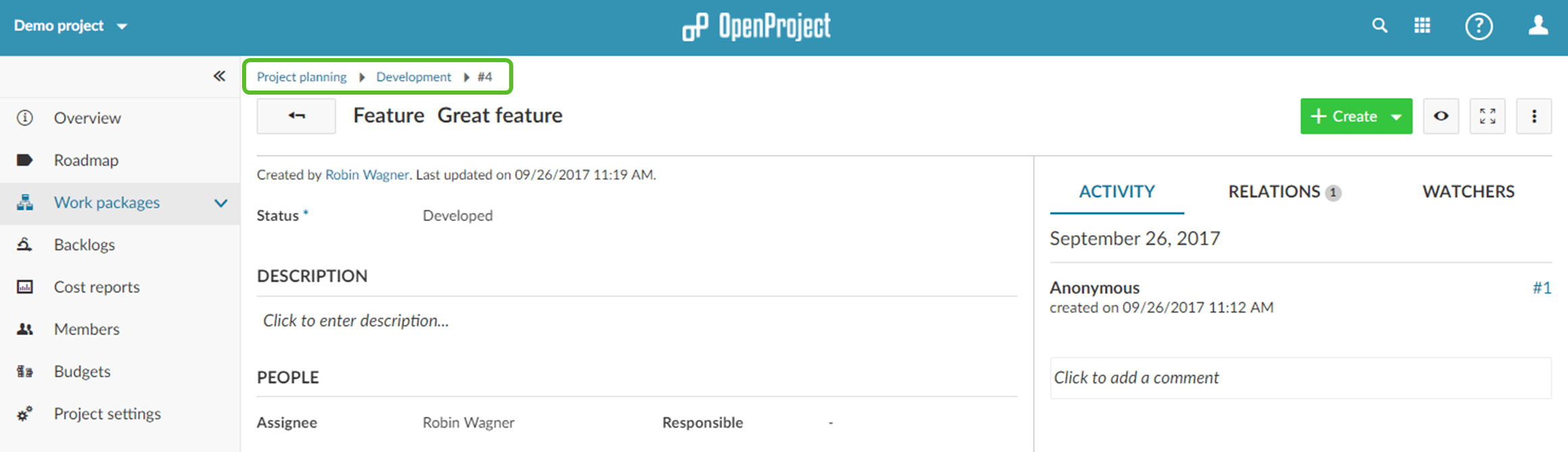 OpenProject 7.3: Breadcrumb