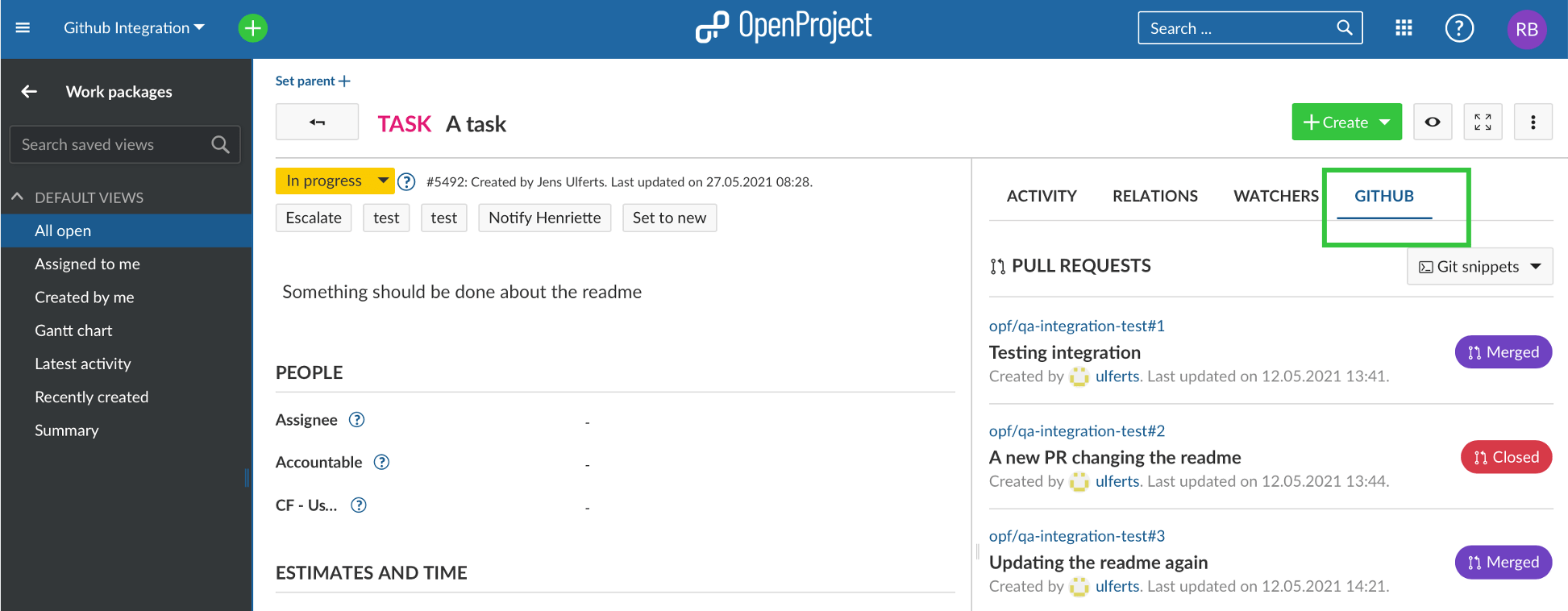 GitHub tab in OpenProject