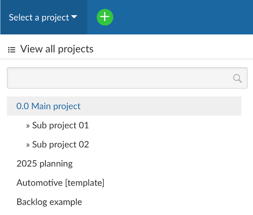 Screenshot drop down menu with all projects top left in openproject application