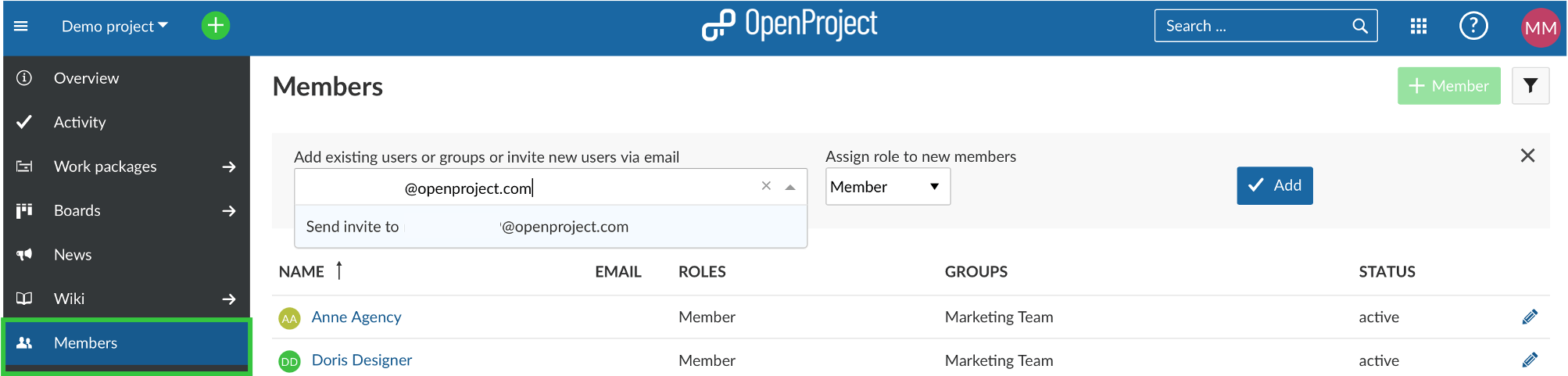 Screenshot how to add a new member with email address